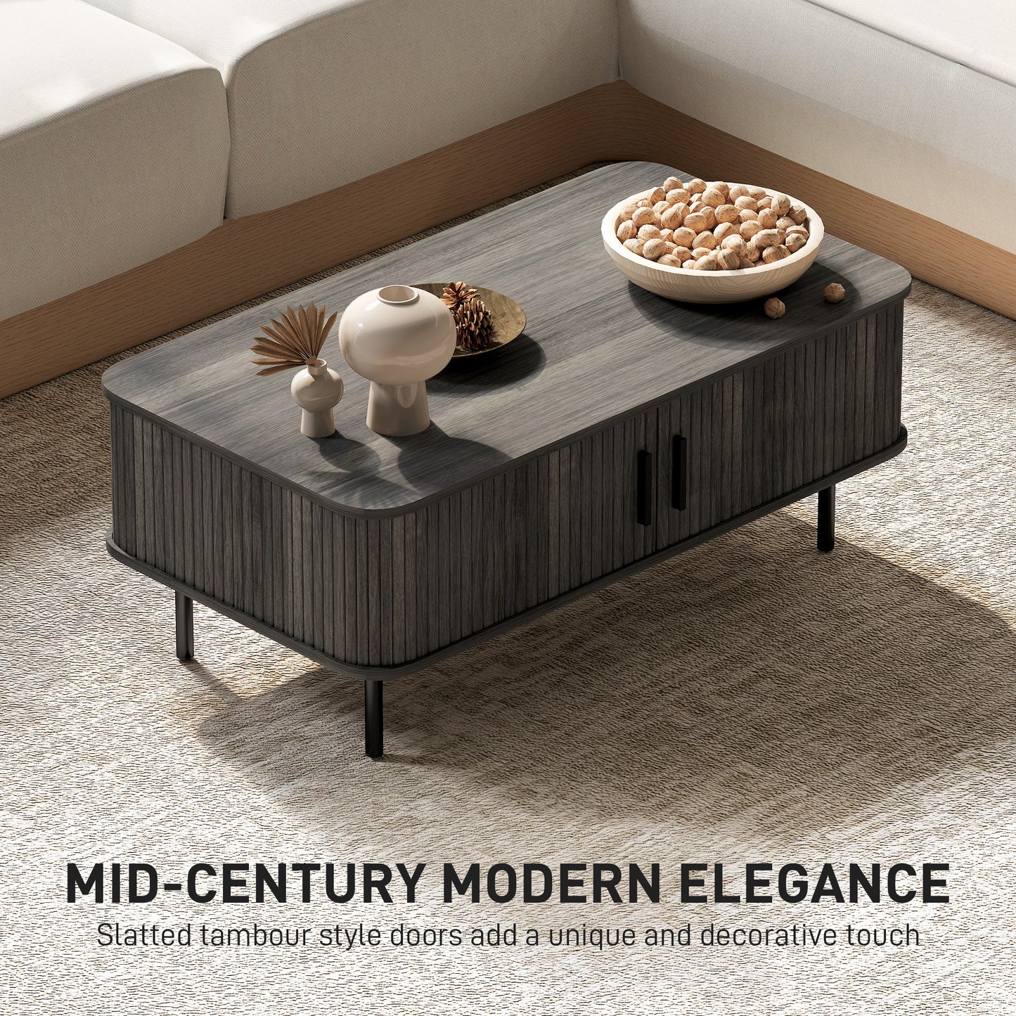 HOMCOM Coffee Table With Storage And Slatted Tambour Doors Elevated Base Grey Wood Effect Rectangular Living Room Table
