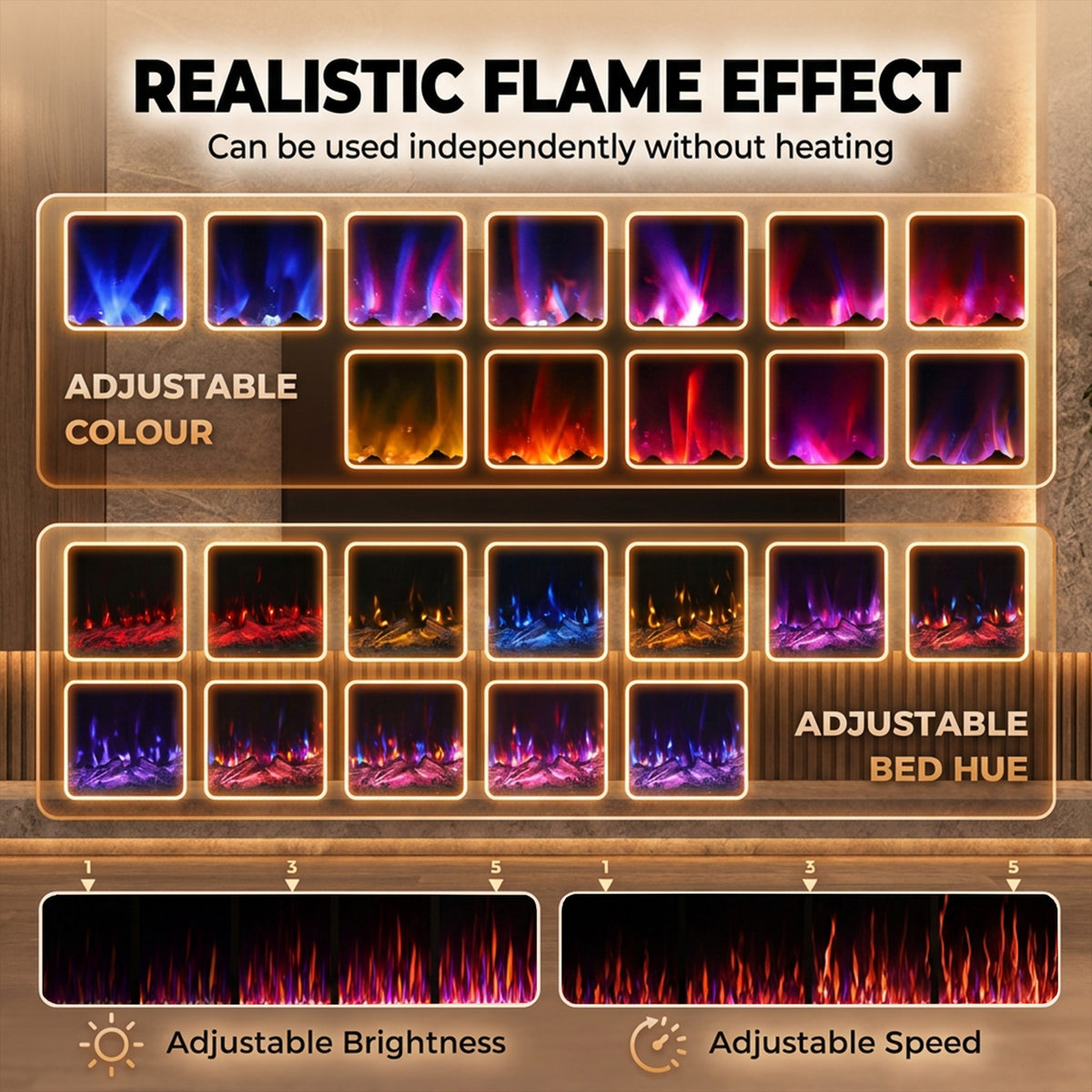Electric fireplace wall heater with adjustable flame color settings display