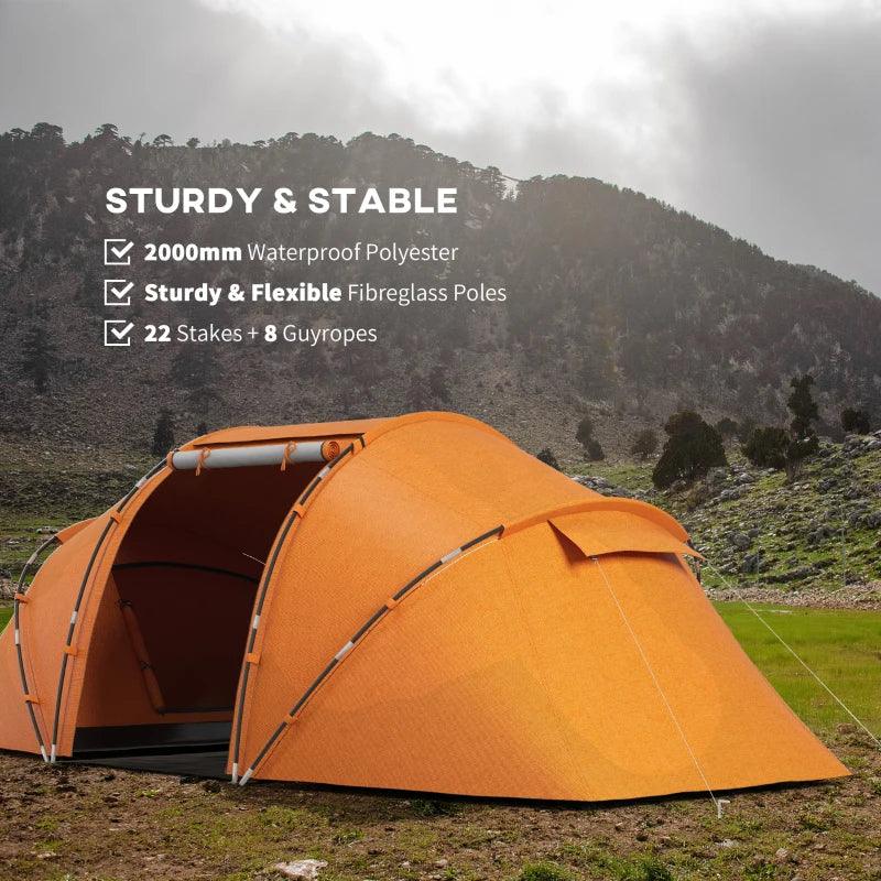 Outsunny 4-6 Person Camping Tent with Two Bedrooms - Hiking Sun Shelter, UV Protection Tunnel Tent in Vibrant Orange - ALL4U RETAILER LTD