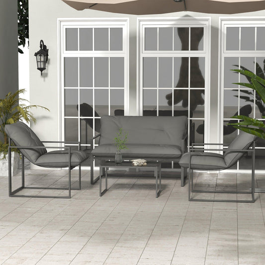 Outsunny 4 Piece Garden Sofa Set 2 Single Armchair, Loveseat and Coffee Table Set Steel Frame Patio Furniture with Thick Cushions, Grey - ALL4U RETAILER LTD
