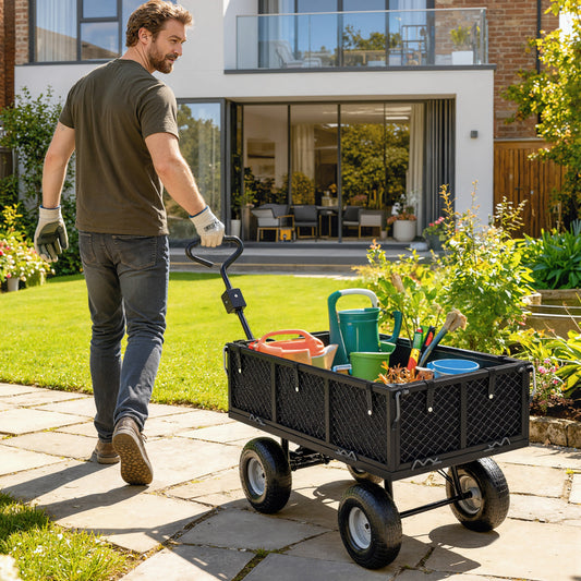 Outsunny 114L Steel Frame Garden Cart Trolley With Removable Waterproof Bag Black