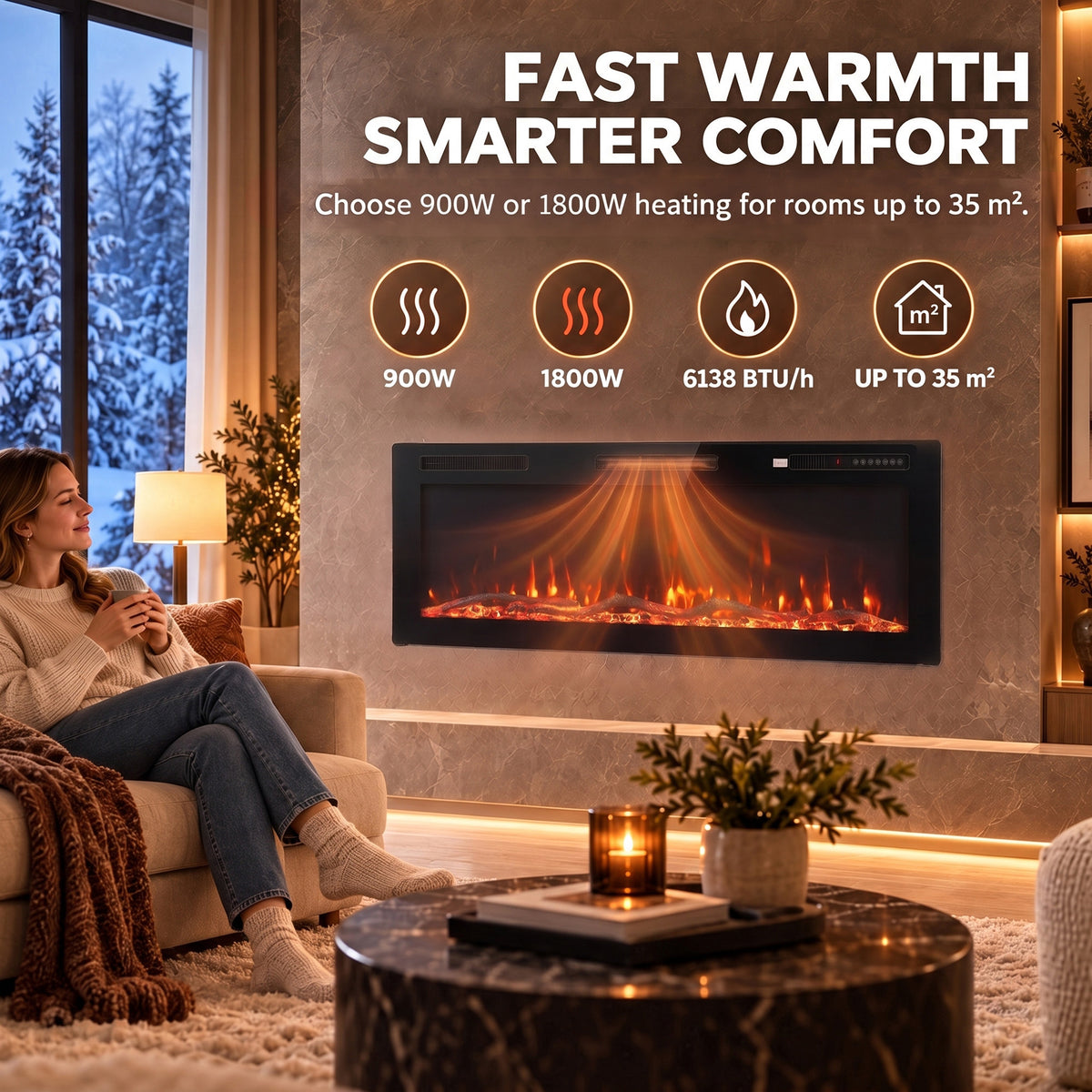 Wall-mounted electric fireplace with black frame and orange flame effect in living room.