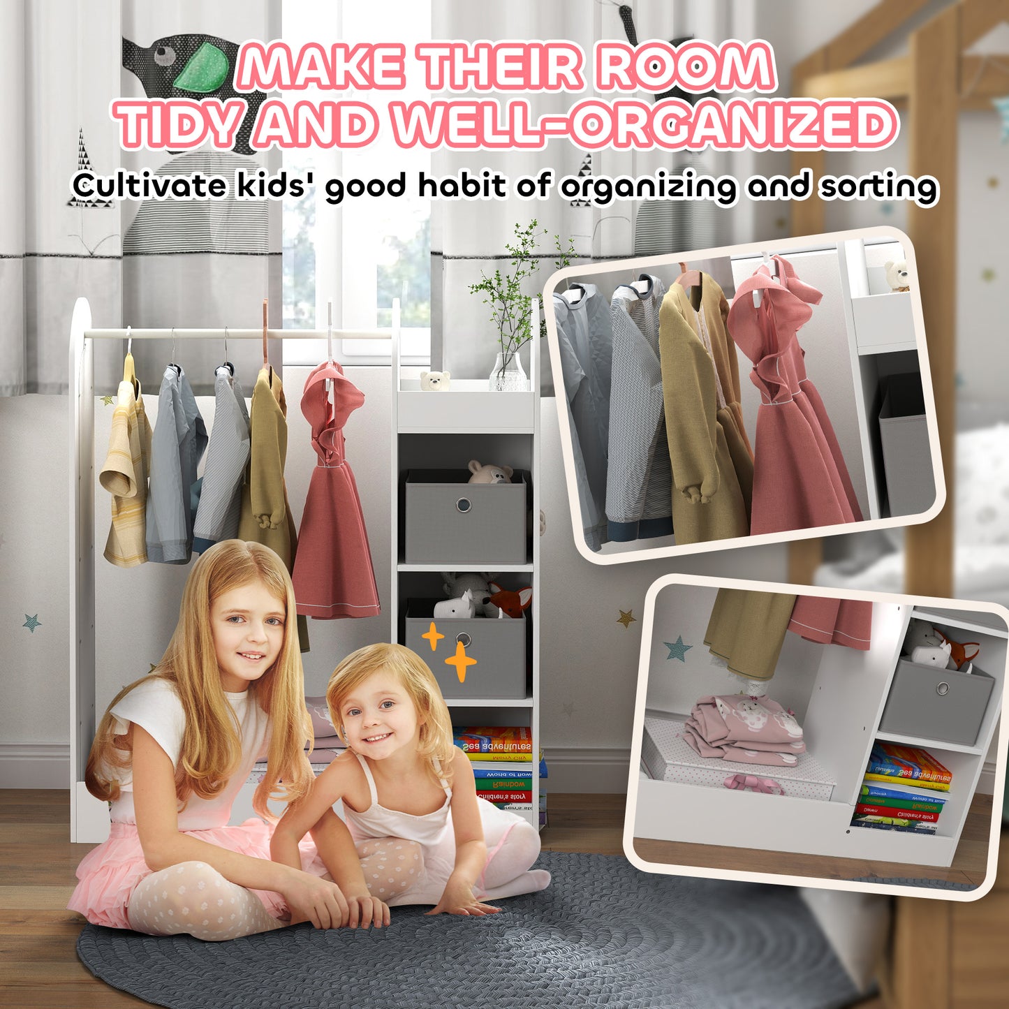 AIYAPLAY Kids Clothes Rail Wardrobe With Storage Shelf And Boxes Mirror For Bedroom And Nursery White