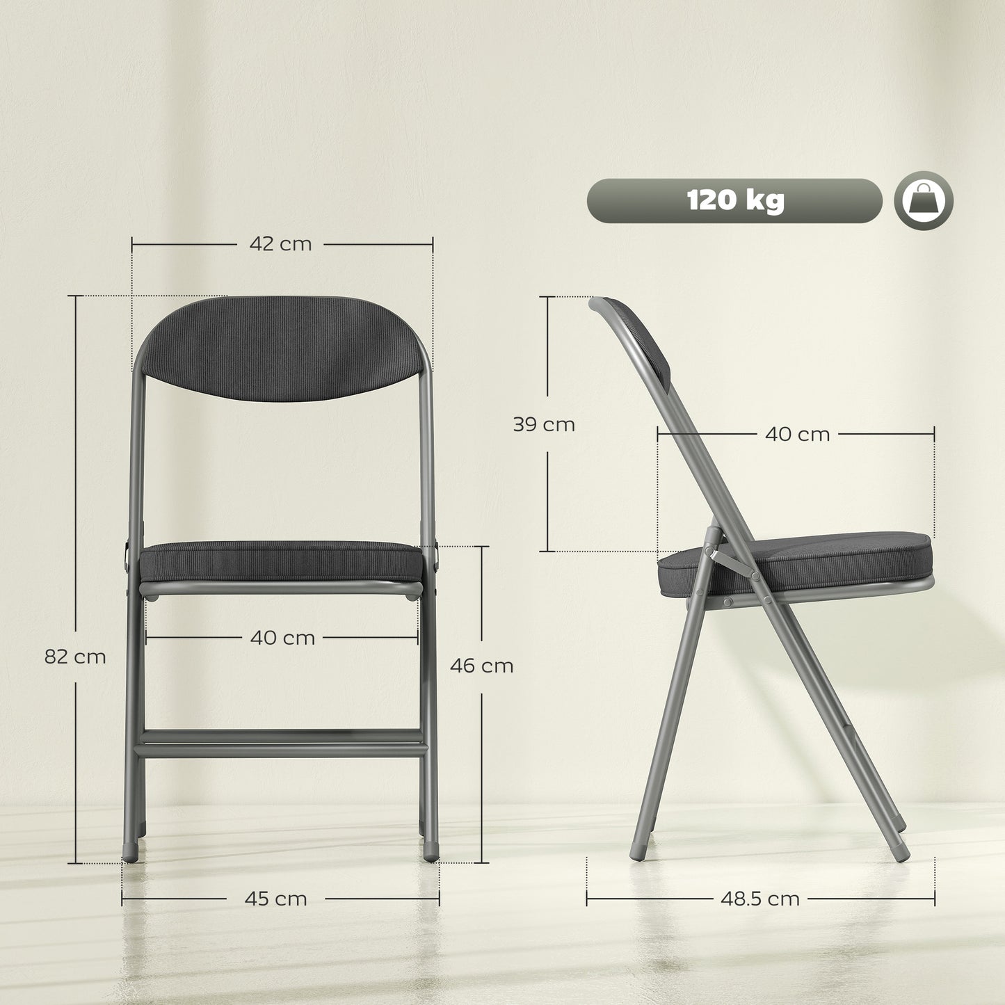 HOMCOM Set of Four Folding Corduroy Seat Chairs Dark Grey With Steel Frame Portable Padded Seating for Dining and Events