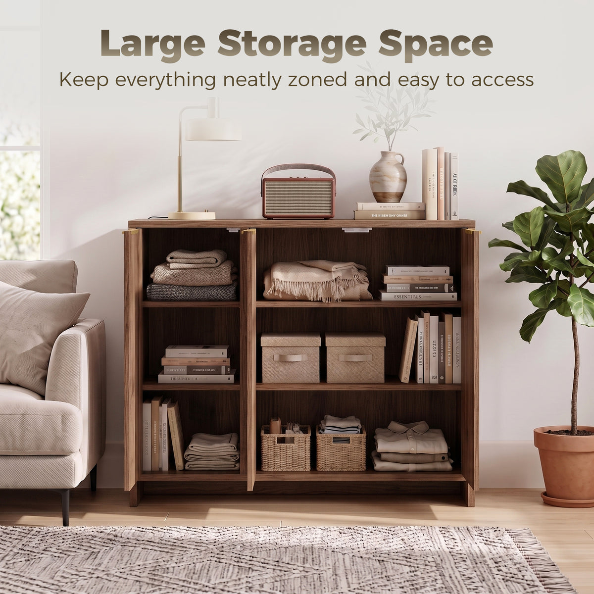 Brown sideboard cabinet with open doors and multiple adjustable storage shelves