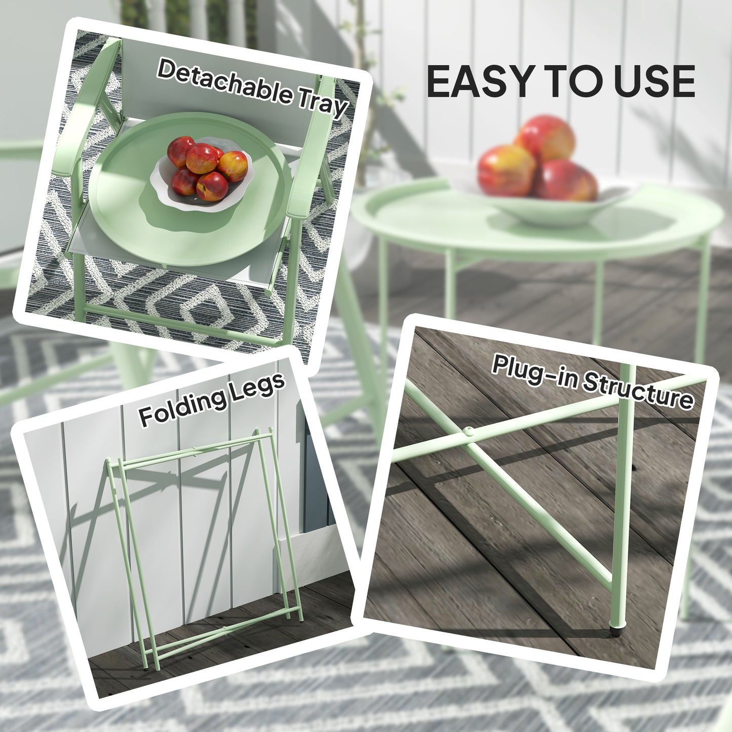 Outsunny Steel Removable Tray Top Garden Table With Folding Legs Green Portable Balcony Coffee Table