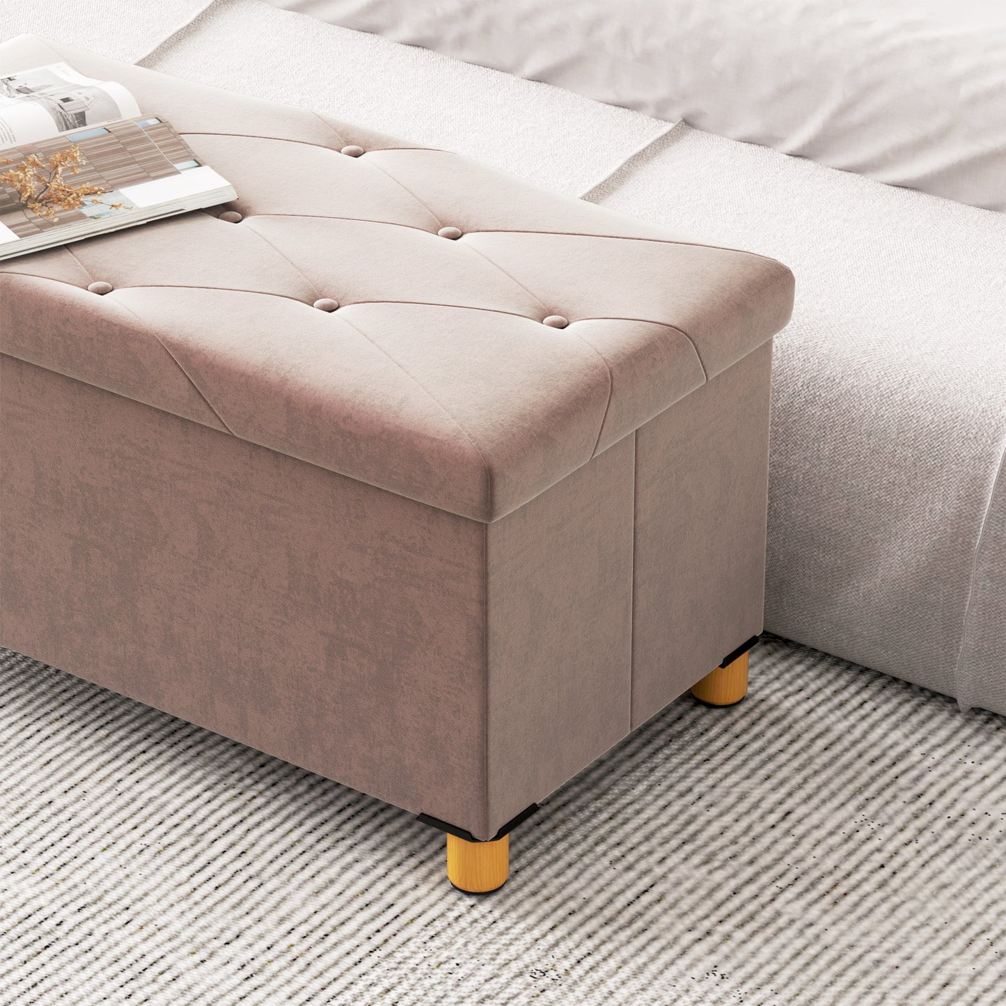 HOMCOM Velvet Upholstered Foldable Storage Ottoman Bench With Wood Legs Pink For Living Room Footrest And Seat