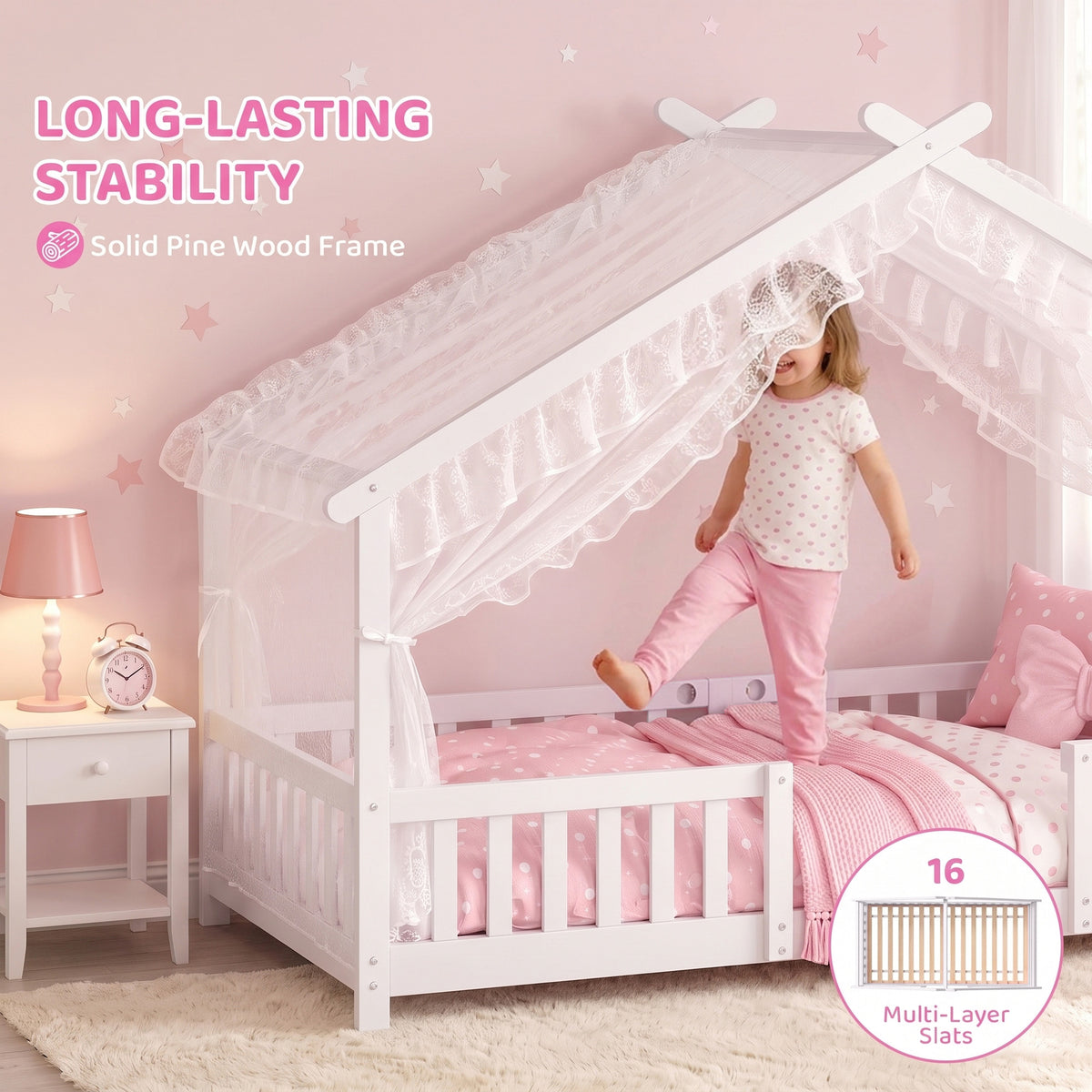 AIYAPLAY Solid Pine Wooden House Bed Frame for Kids with Dual Guardrails White