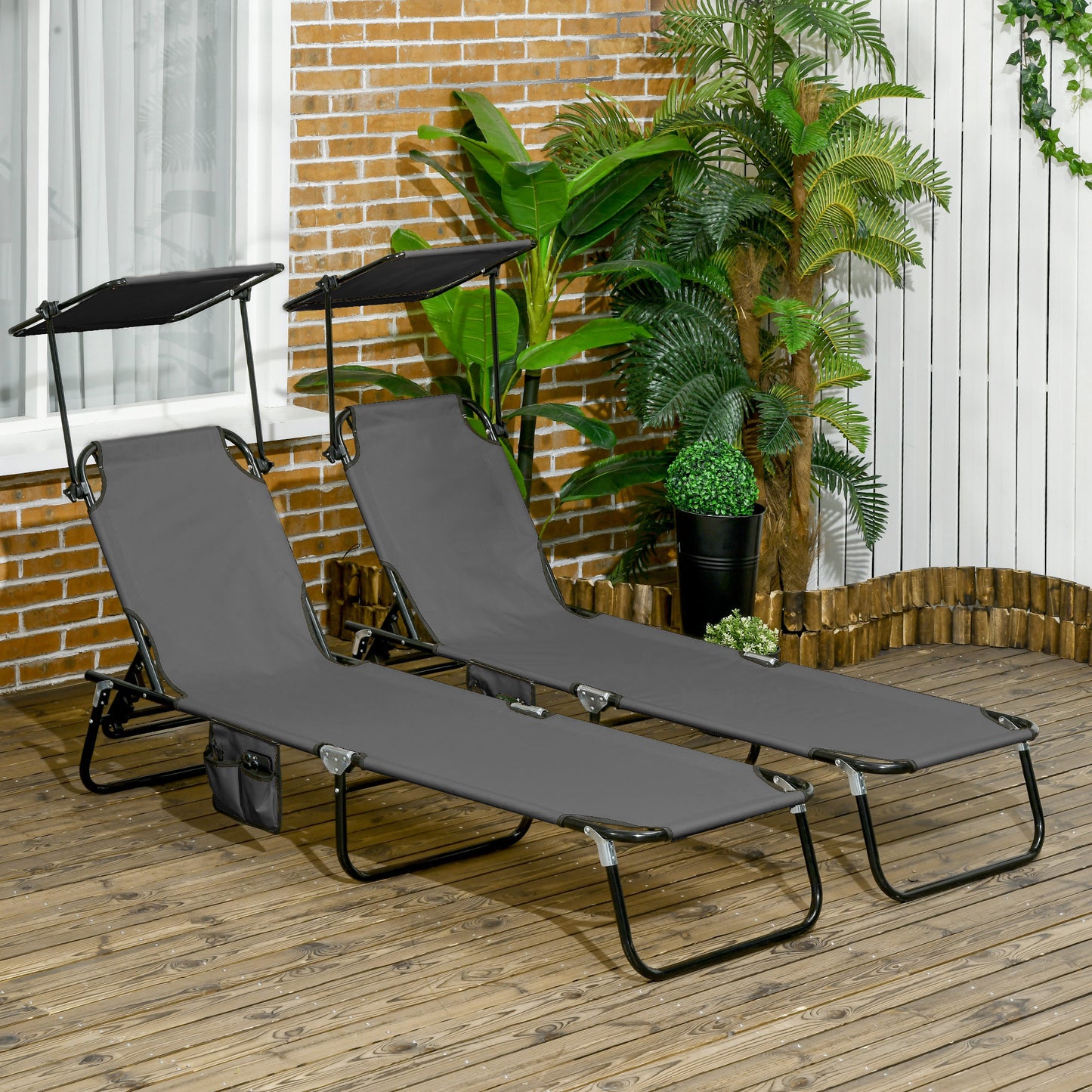 Outsunny Two Folding Sun Loungers With Adjustable Backs And Sun Canopies For Outdoor Patio Grey
