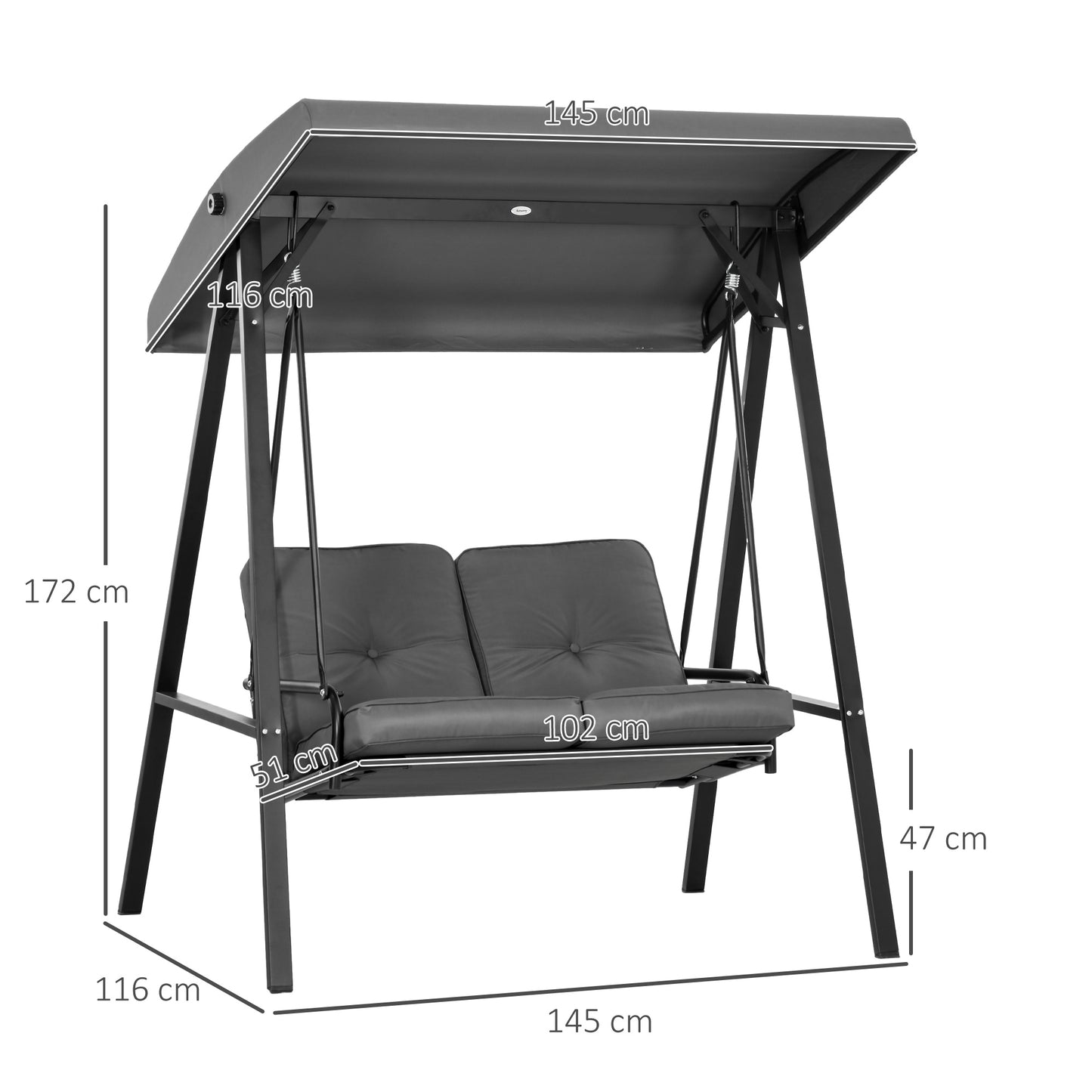 Outsunny Two Seater Garden Swing Bench With Adjustable Canopy Dark Grey Outdoor Patio Furniture