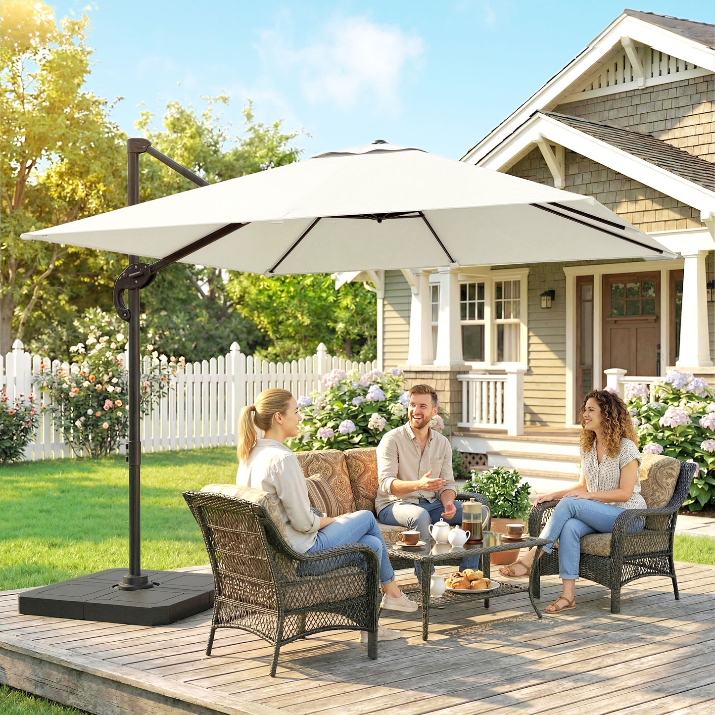 Outsunny 2.4 x 2.4m Cantilever Parasol With Umbrella Weights UPF50 Offset Outdoor Umbrella Cream White