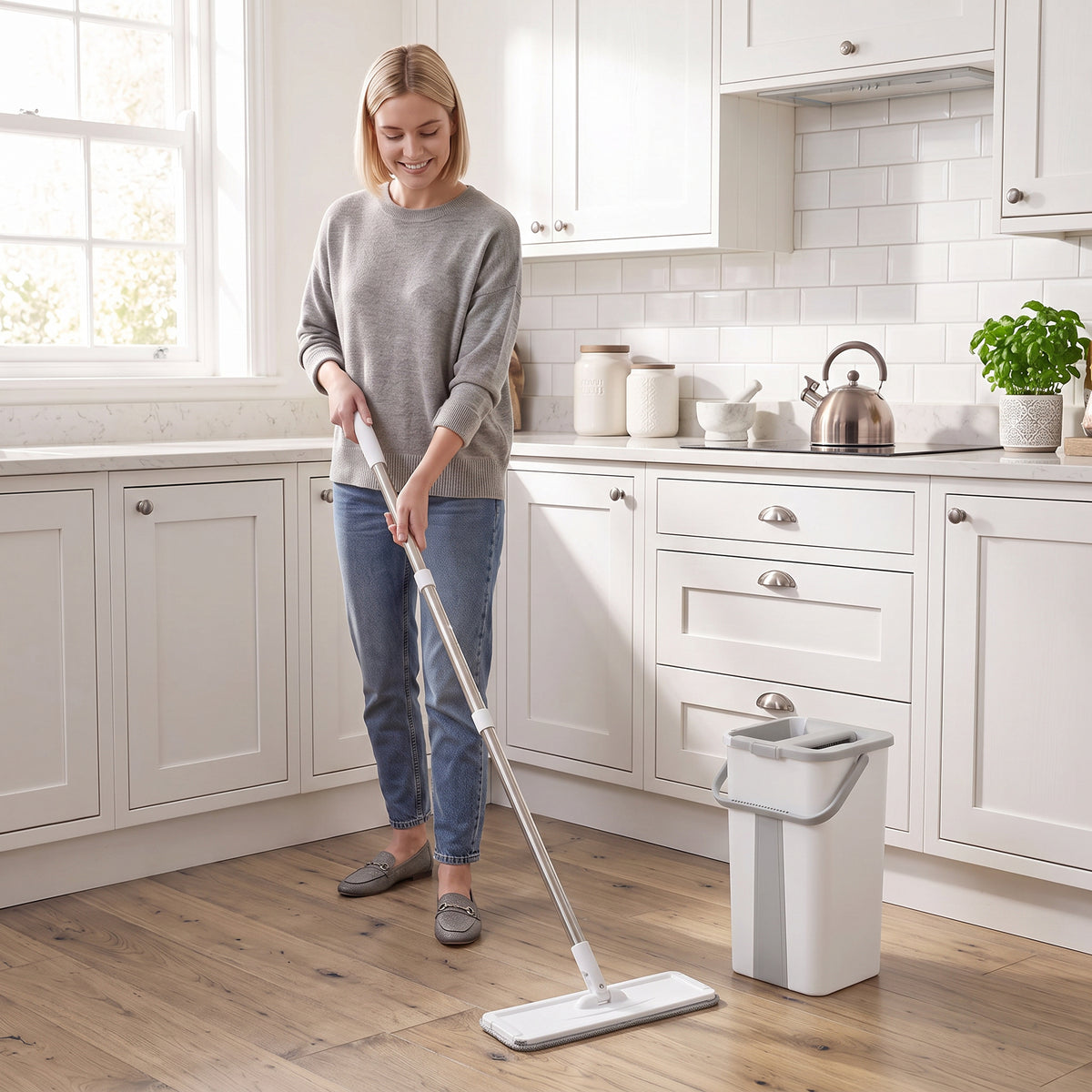 Flat mop and wringer bucket set cleaning a kitchen hardwood floor