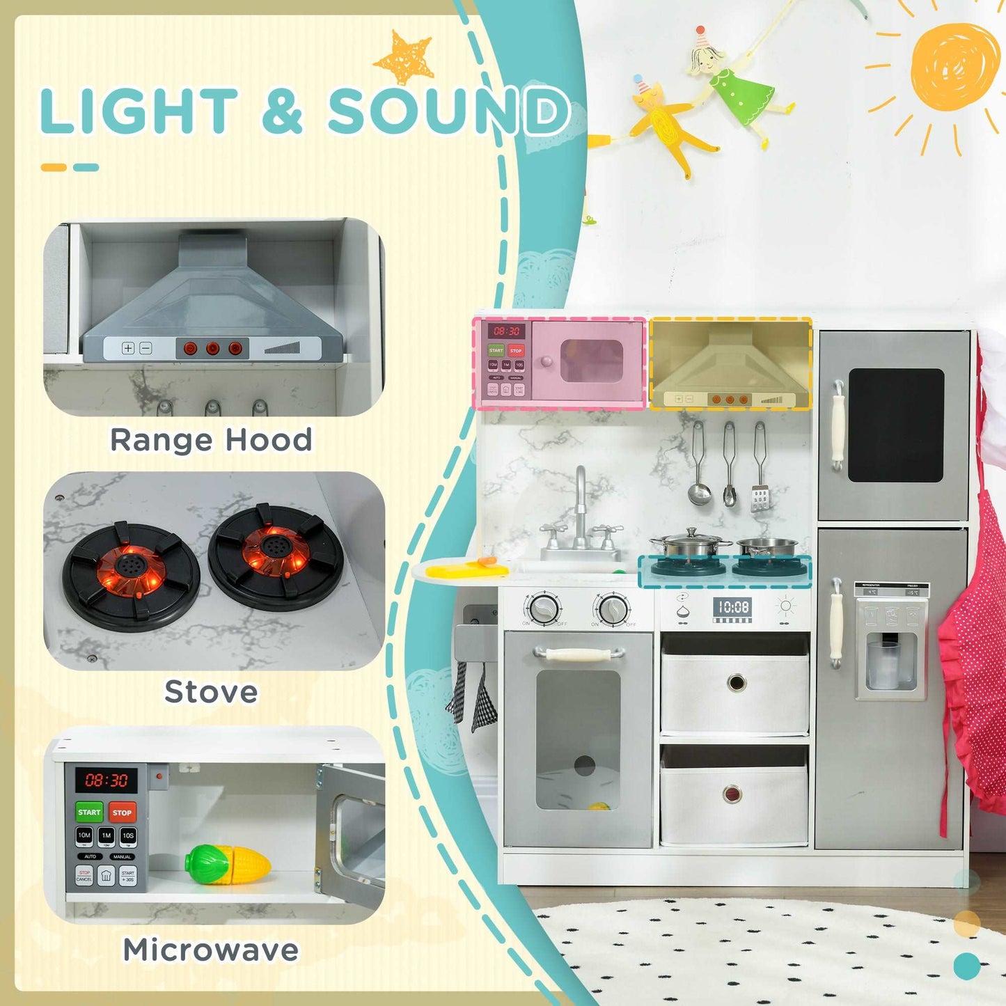 AIYAPLAY Toy Kitchen with Lights Sounds Apron Chef Hat Ice Maker Microwave for 3-6 Years Old White - ALL4U RETAILER LTD