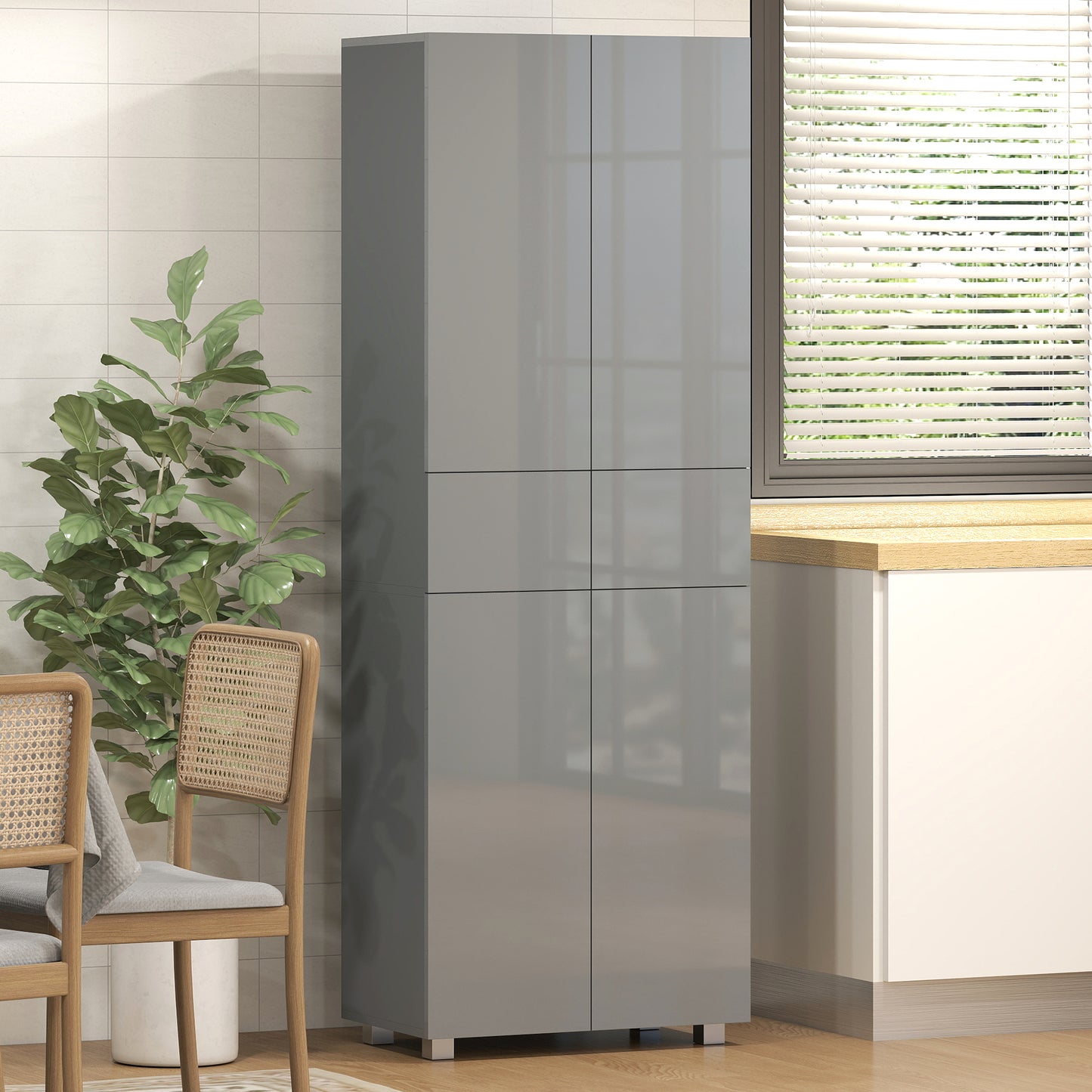 HOMCOM Storage Cabinet Kitchen Cupboard With 3 Adjustable Shelves High Gloss Grey 60L x 35W x 170H cm
