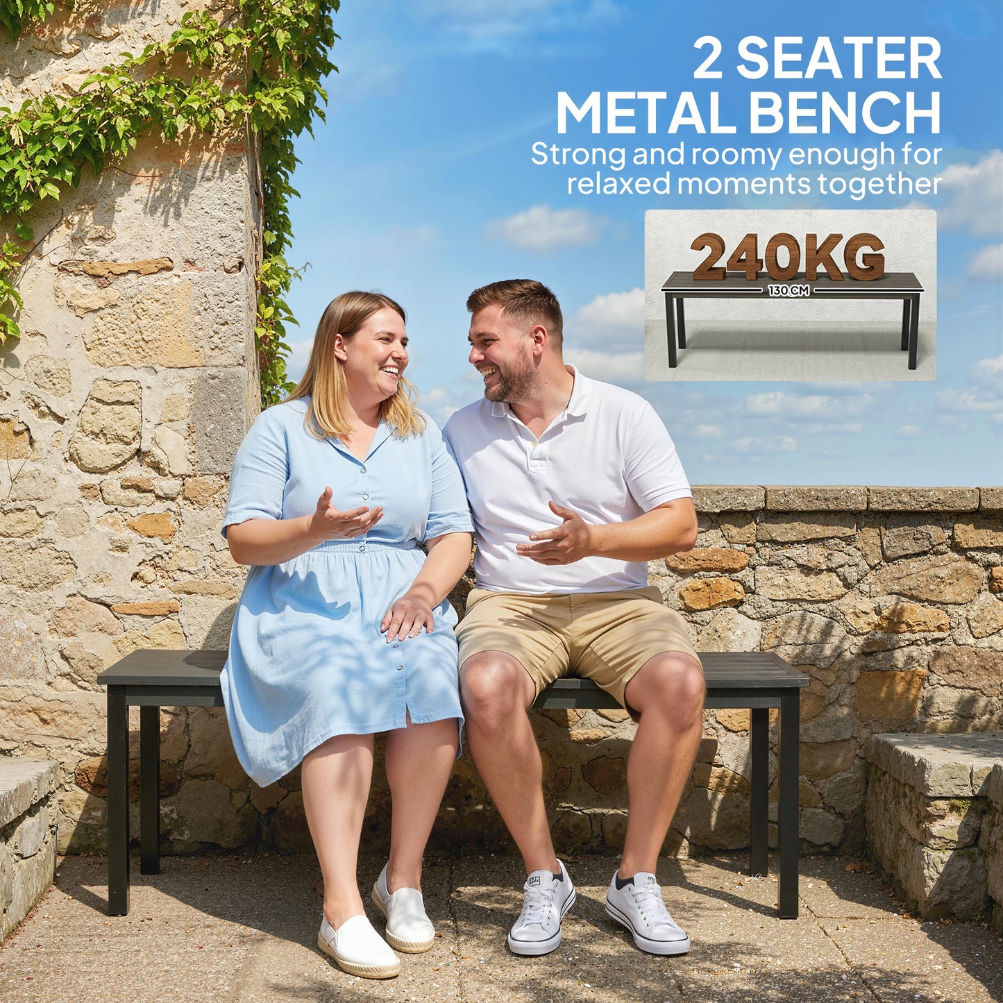 Outsunny 2 Seater Garden Bench Outdoor Loveseat Wood Effect Slatted Seat Steel Frame Grey Patio Park