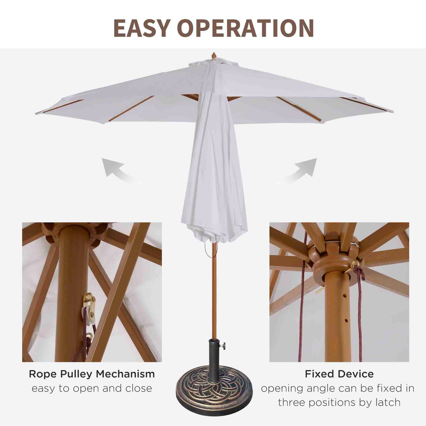 Outsunny 3 M Garden Parasol With Base Rope Pulley Mechanism 8 Rib Wooden Patio Umbrella White
