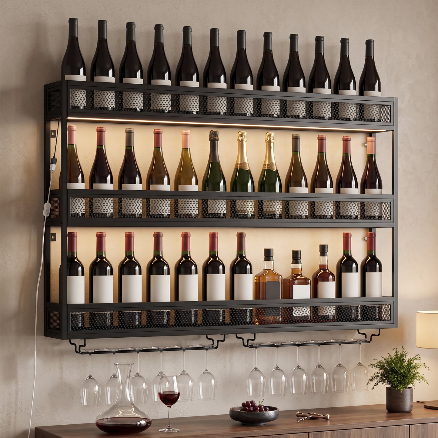 Homcom Wall Mounted Wine Rack With Led Lights And Six Glass Holders