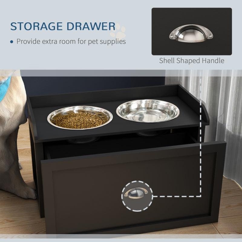 PawHut Stainless Steel Raised Dog Bowls with 21L Storage Drawer - Black | Elevated Feeding Station for Large Dogs and Cats - ALL4U RETAILER LTD