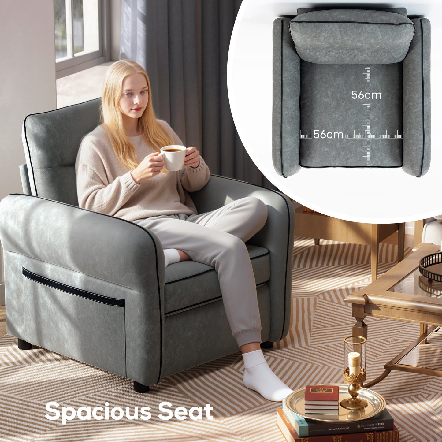 HOMCOM Accent Chair Faux Leather Armchair Grey with Black Piping Thick Foam Padding and S Springs Support