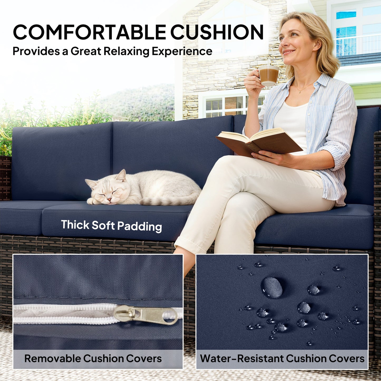 Outsunny 3 Seater Garden Rattan Sofa All Weather Wicker Weave With Steel Frame Water Resistant Cushions Dark Blue