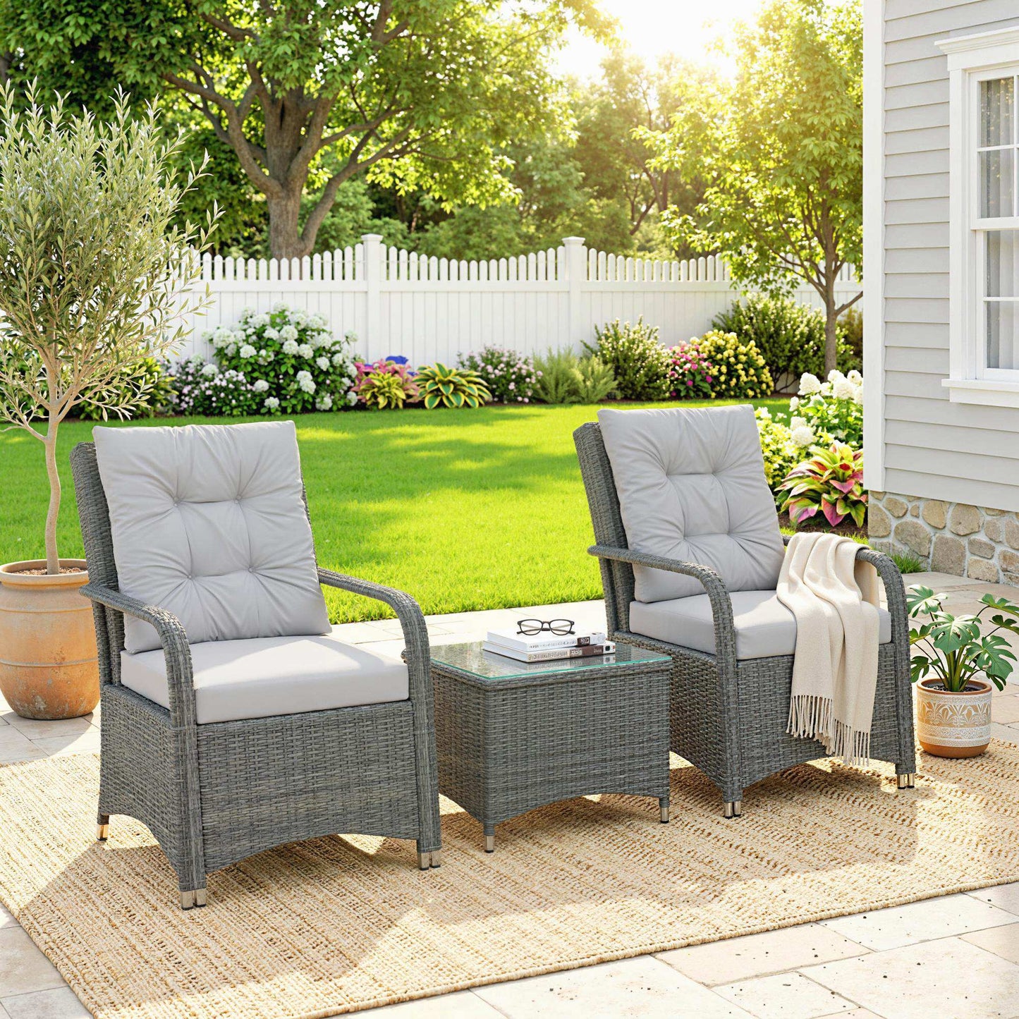 Outsunny Outdoor 3 Piece Rattan Bistro Set With Metal Frame And Glass Top Coffee Table In Light Grey