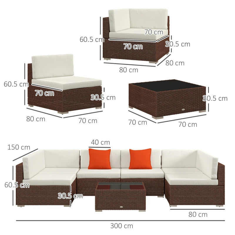 Outsunny 7-Piece PE Rattan Garden Furniture Set - Patio Corner Sofa Sets with Thick Padded Cushion, Glass Coffee Table, Pillows, and Buckle Structure - Mixed Brown - ALL4U RETAILER LTD