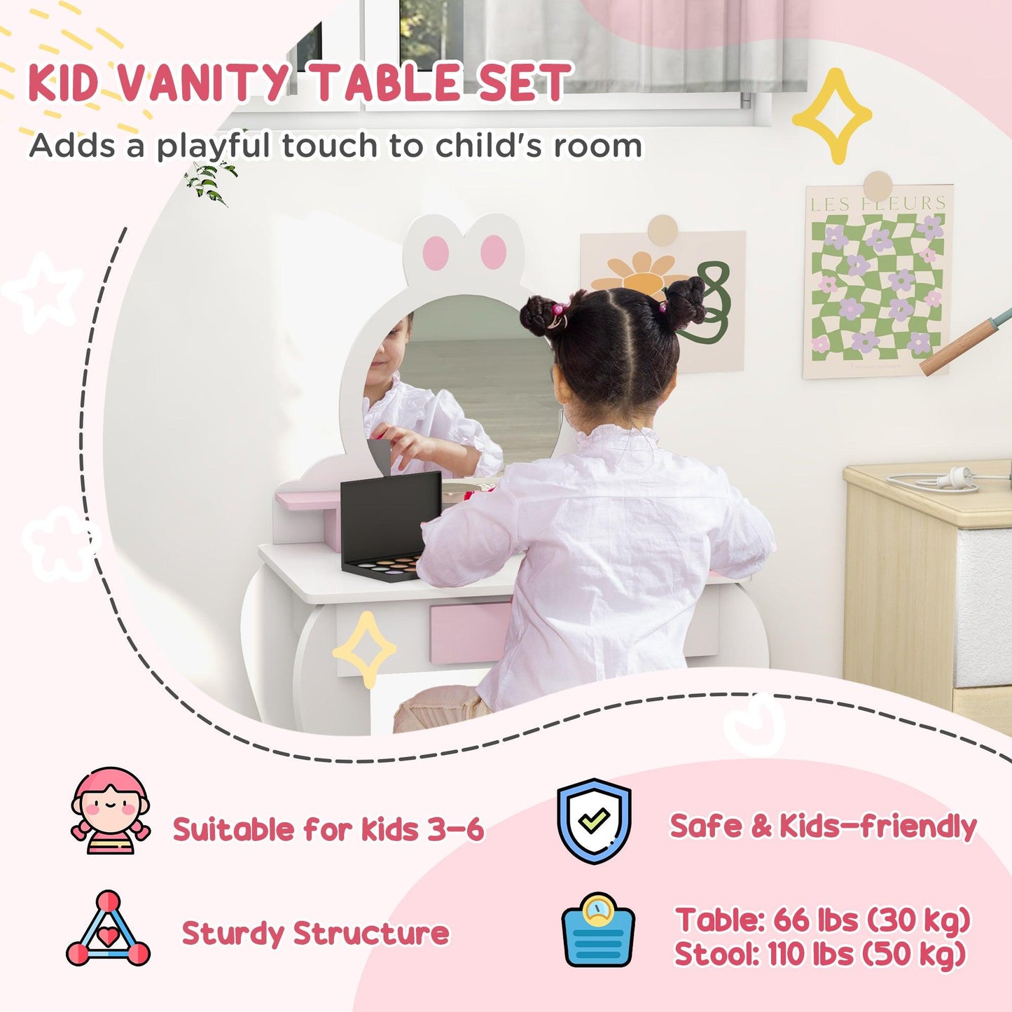 ZONEKIZ Wooden Kids Bedroom Furniture Set with Kids Dressing Table, Stool, Bed, for 3-6 Years, Bunny-Design - ALL4U RETAILER LTD