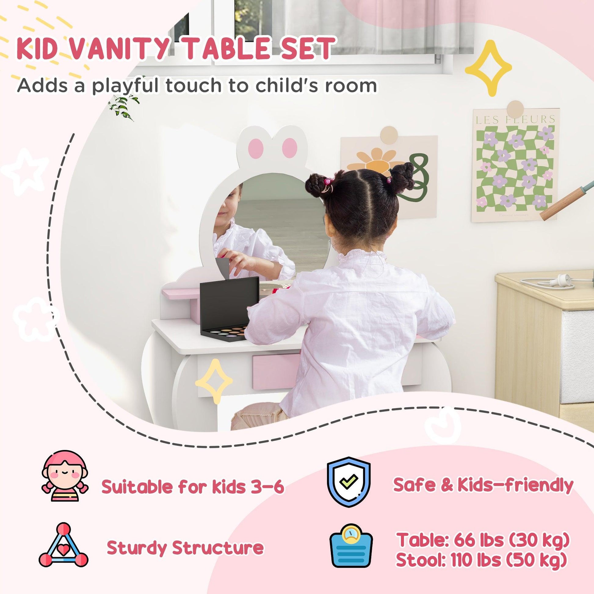 ZONEKIZ Wooden Kids Bedroom Furniture Set with Kids Dressing Table, Stool, Bed, for 3-6 Years, Bunny-Design - ALL4U RETAILER LTD