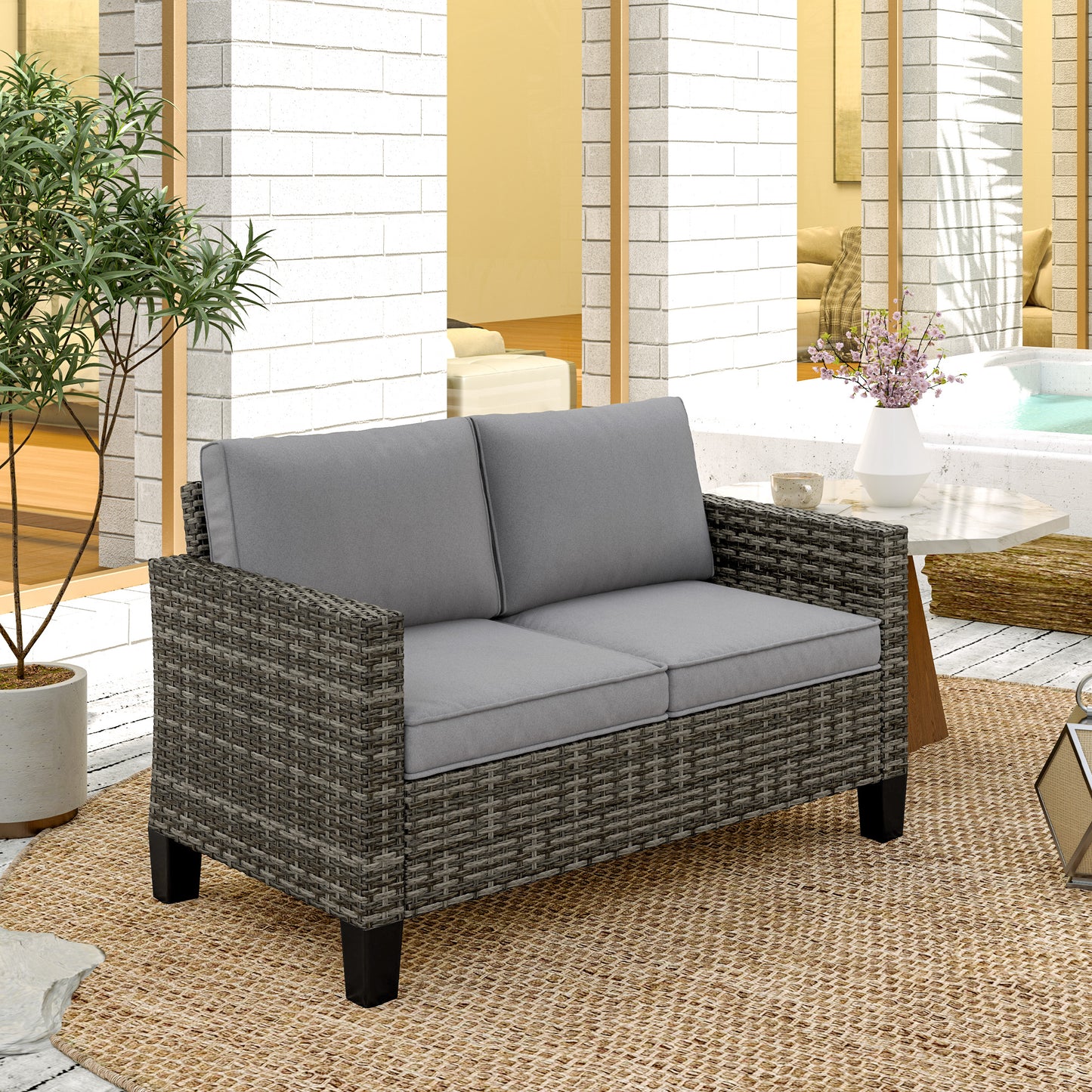 Outsunny Two Seater Rattan Outdoor Sofa Dark Grey With Thick Cushions And Adjustable Feet