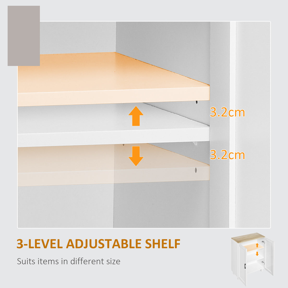 Three-level adjustable shelf inside a white cabinet with side supports