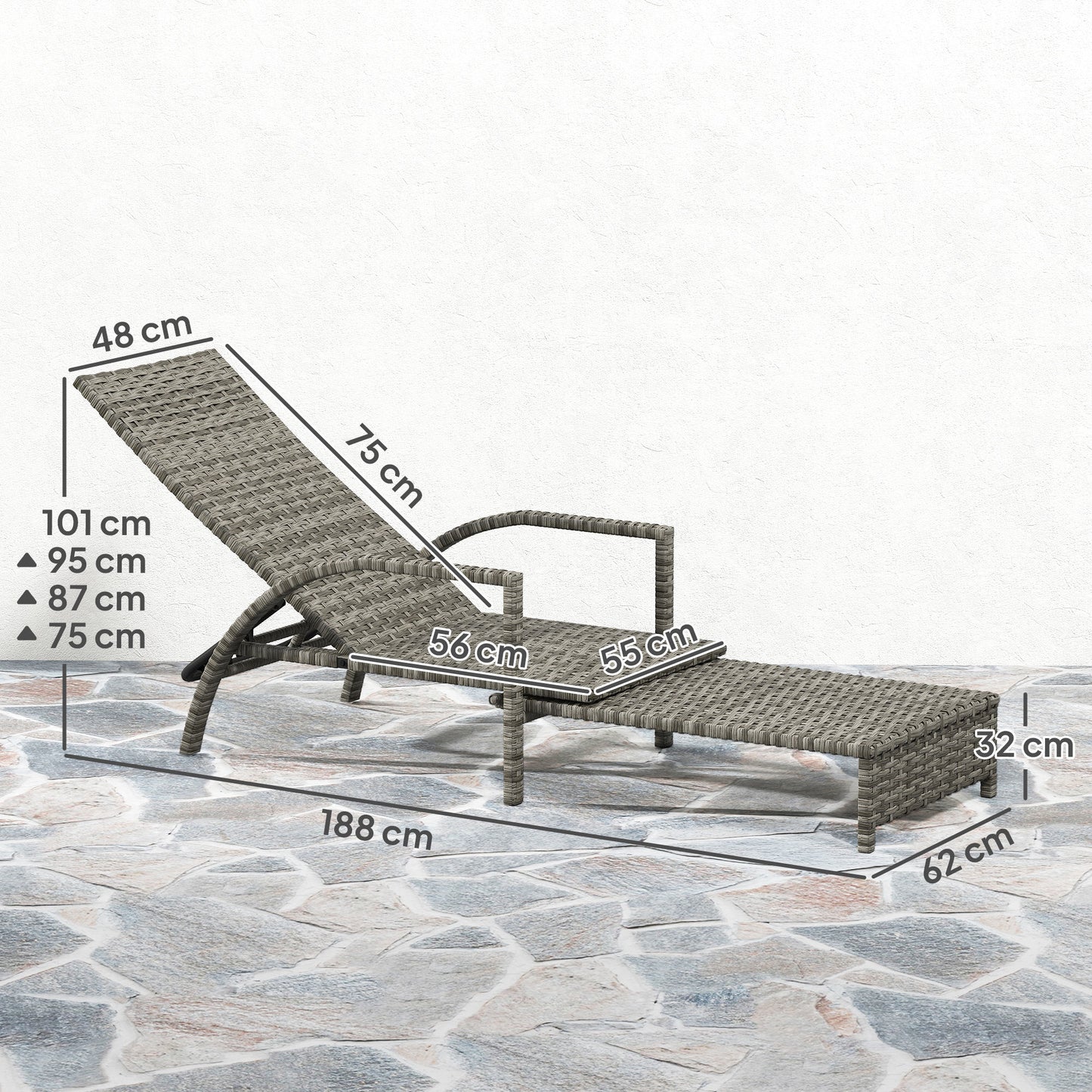 Outsunny Grey Reclining Rattan Lounger With Extending Footrest And Adjustable Back In Four Positions