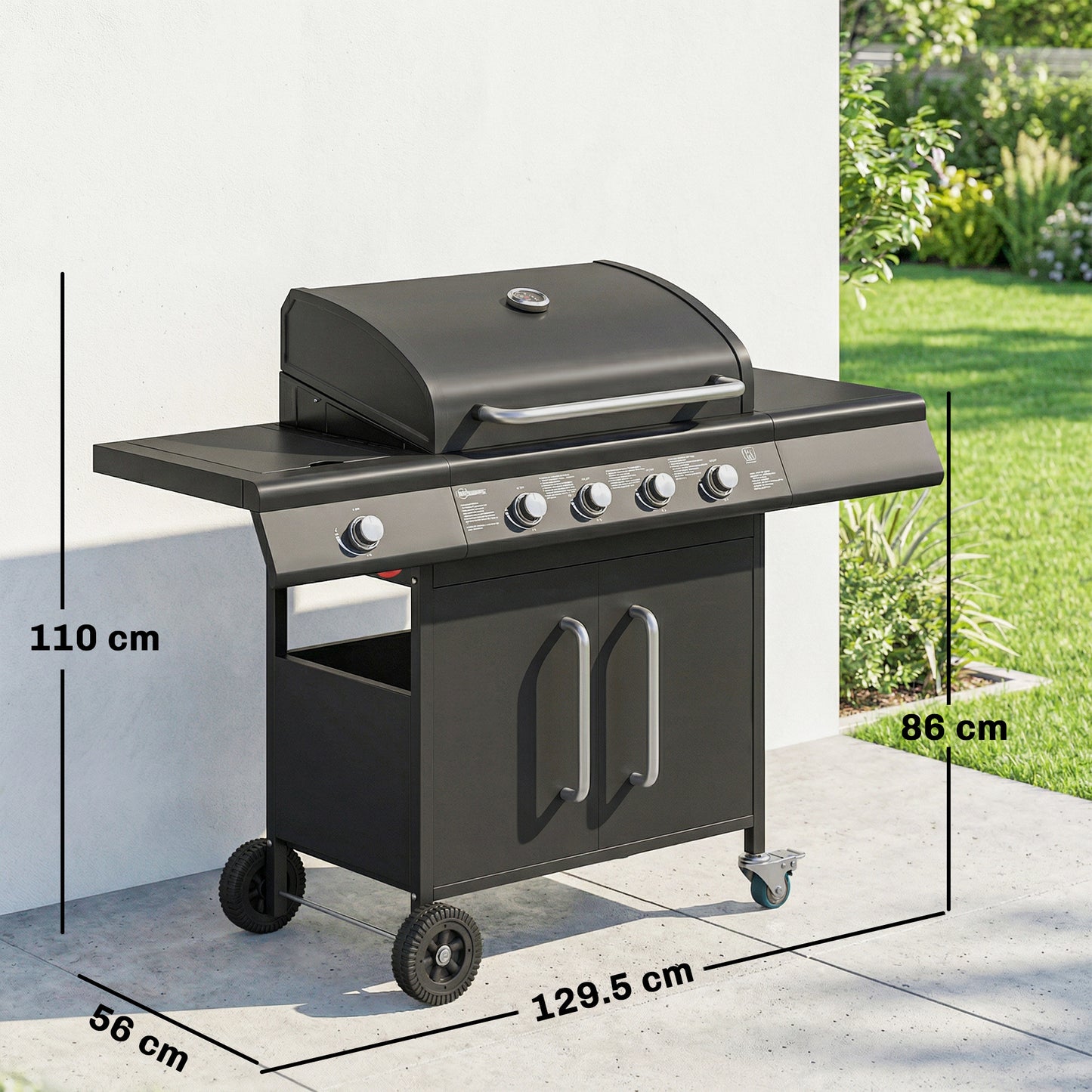 Outsunny 5 Burner Gas BBQ Grill With Storage Cabinet And Side Table, 15.2 kW Trolley, Warming Rack, 4 Wheels