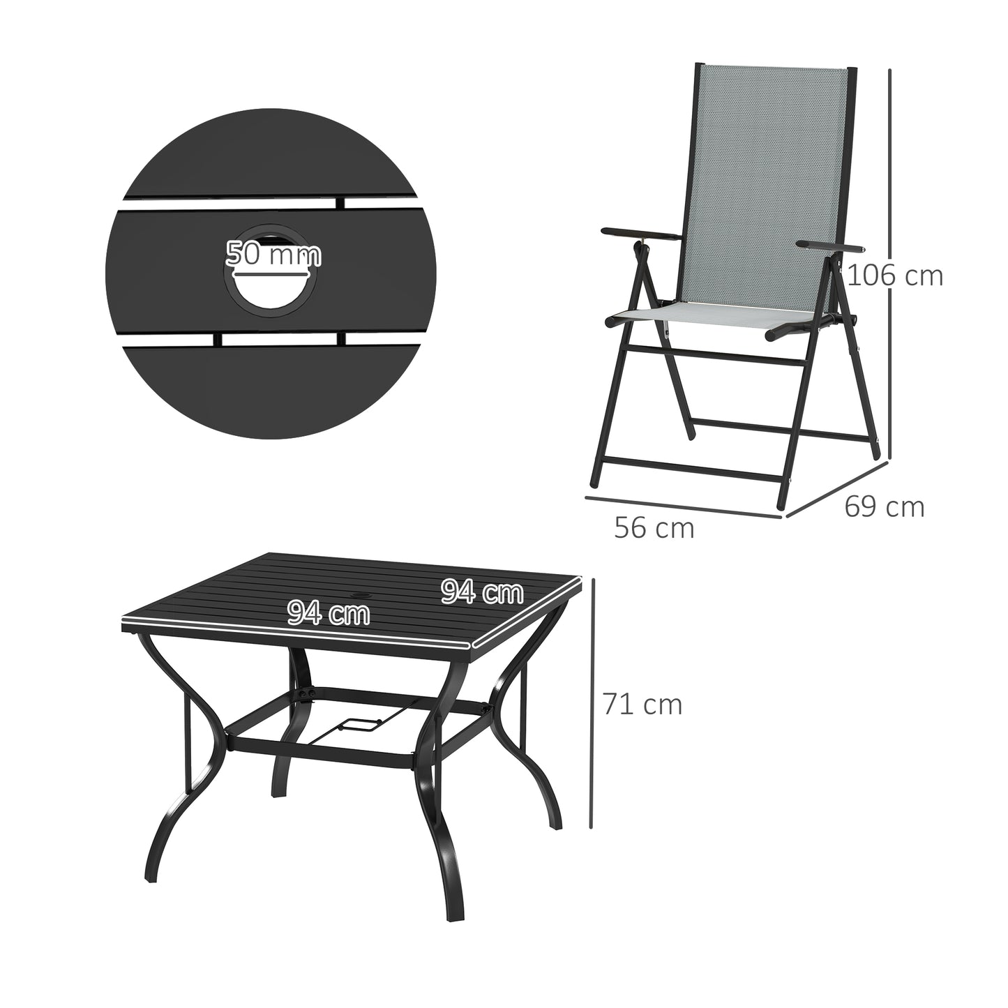 Outsunny Five Piece Steel Frame Patio Dining Set With Square Table And Folding Chairs Grey And Black