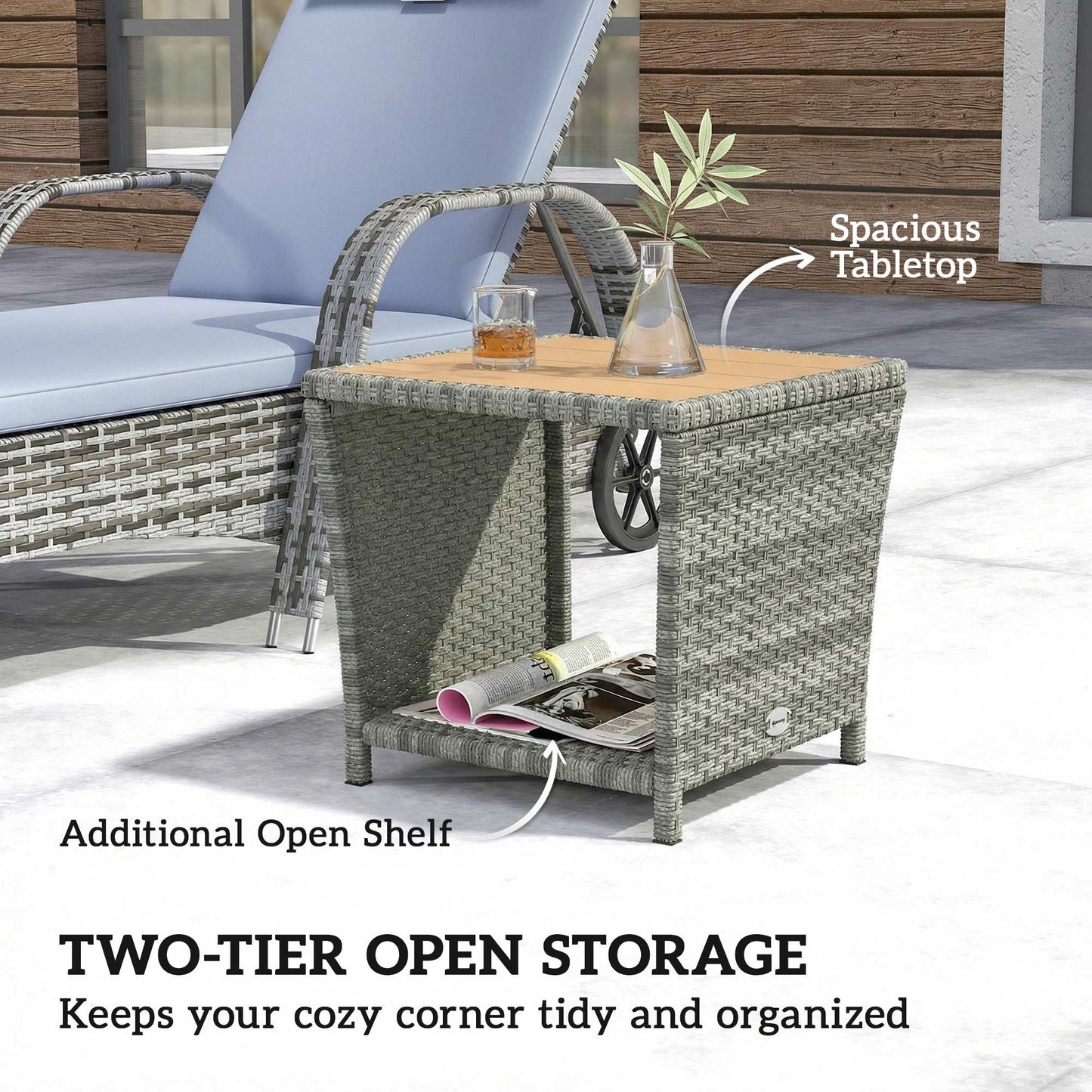 Outsunny Two Tier Outdoor Coffee Table With Storage Shelf And Wood Slat Top Light Grey