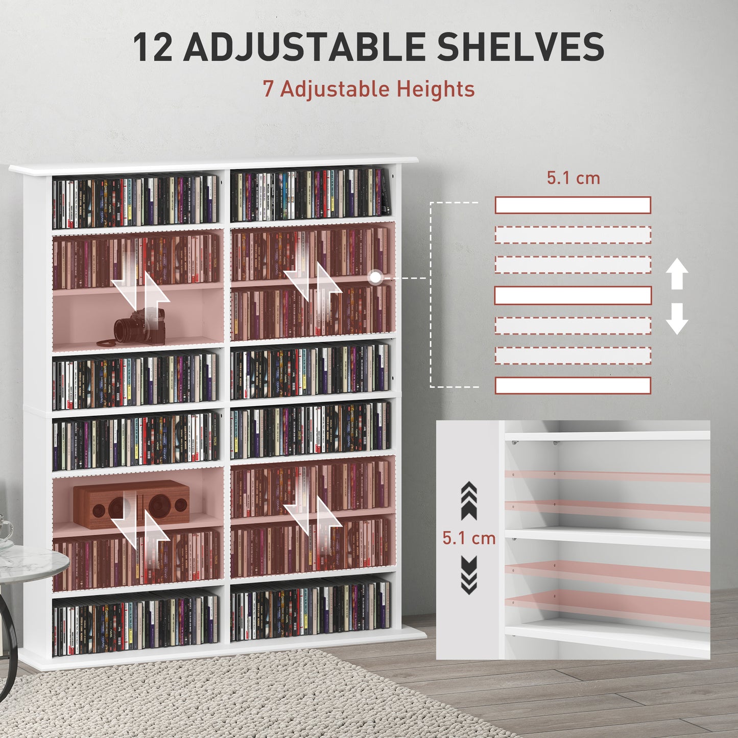 HOMCOM 16 Compartment White Media Shelf With 12 Adjustable Shelves For CDs DVDs Blu Rays Wall Straps Included