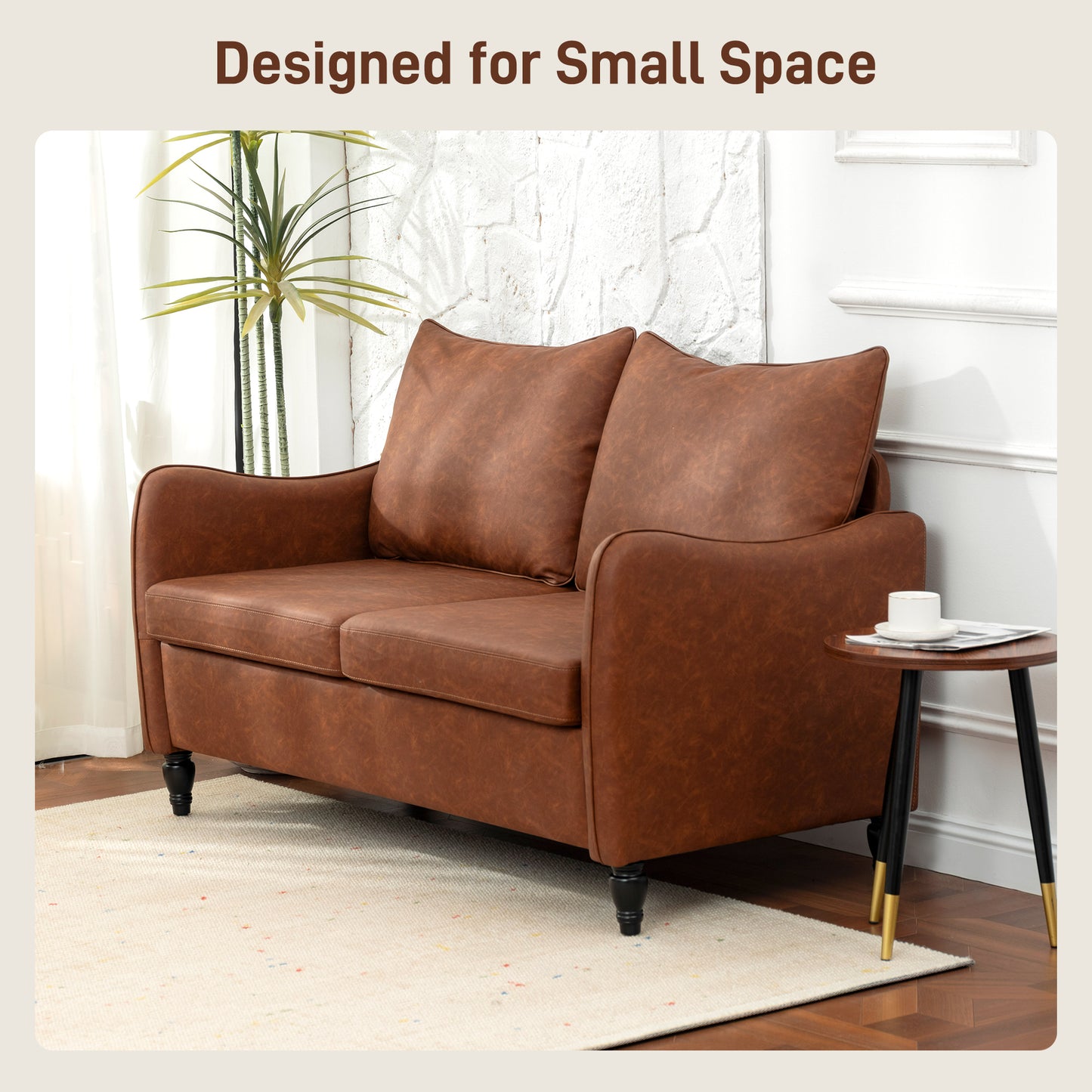 HOMCOM Faux Leather Marble Effect Two Seater Sofa Brown For Living Room Modern Comfort