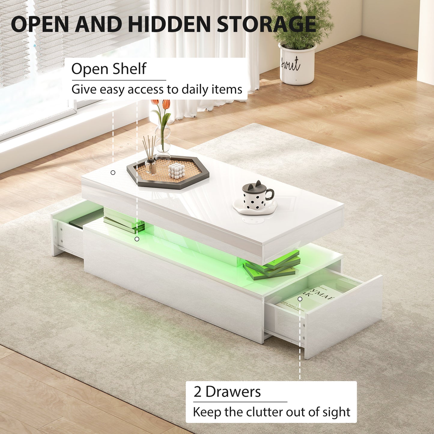 HOMCOM LED Coffee Table With Storage High Gloss White Modern Minimalist Design With RGB Lighting