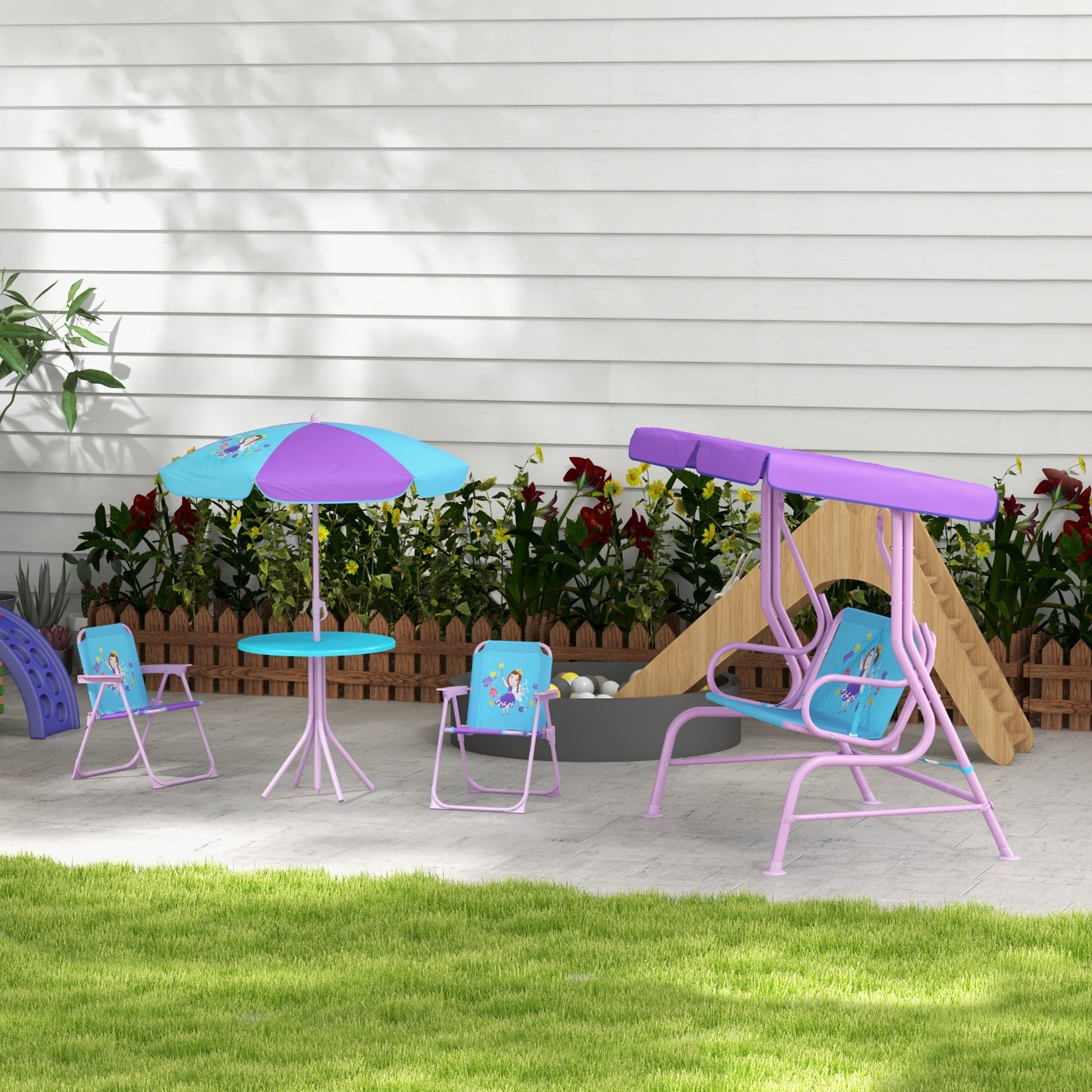 Outsunny Kids Outdoor 4-Piece Garden Furniture Set with Swing Chair, Adjustable Canopy, Table, and Chairs for Toddlers - ALL4U RETAILER LTD