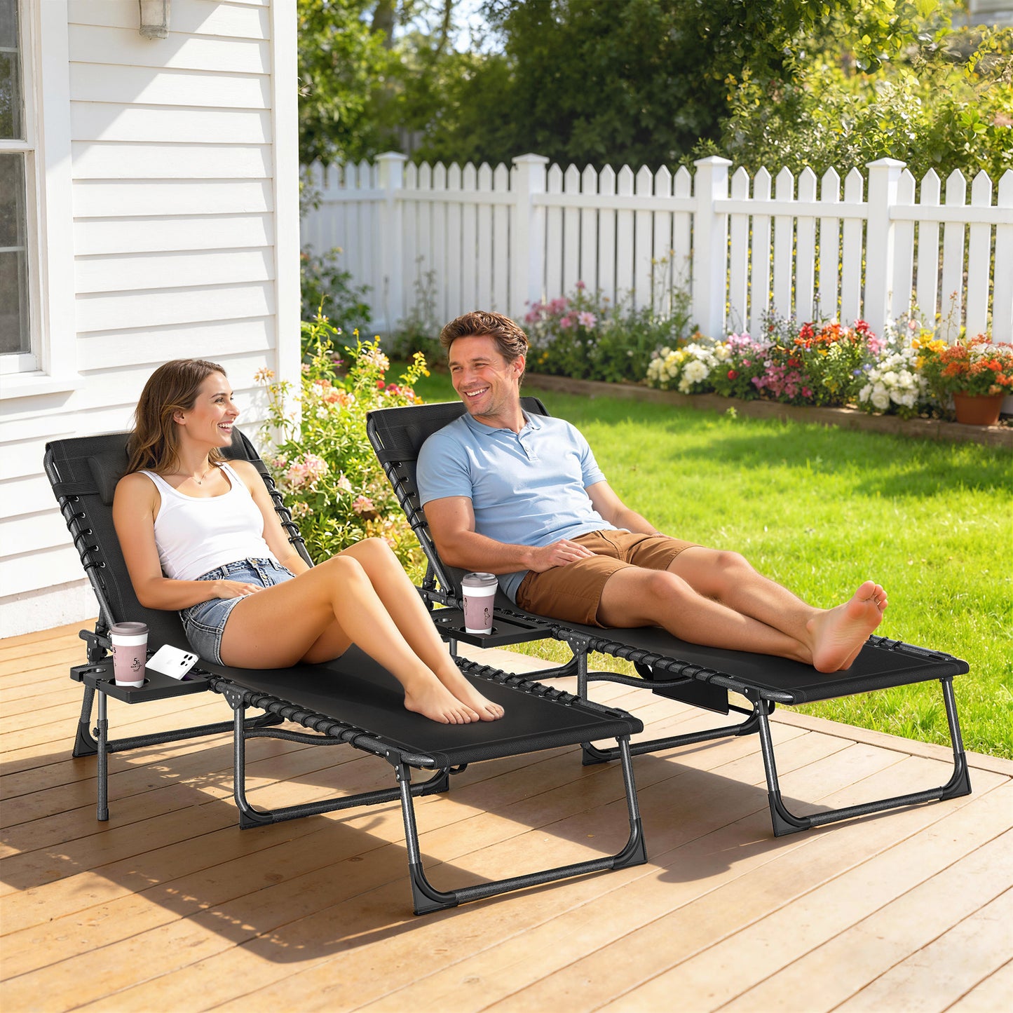 Outsunny Five Position Reclining Sun Loungers Set Of Two In Black With Powder Coated Steel Frames And Removable Pillow