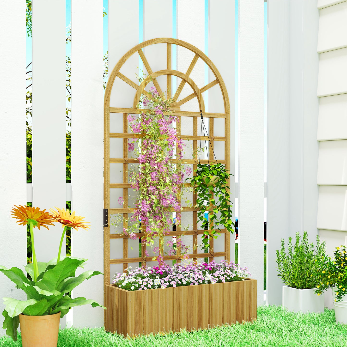 Outsunny Wooden Raised Planter With Trellis Garden Bed For Climbing Plants Weather Resistant Fir Wood