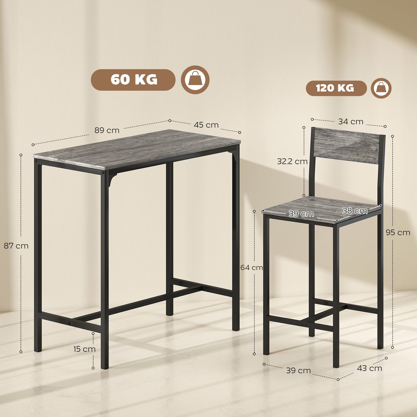 HOMCOM 3 Piece Bar Table Set With 2 Stools Industrial Breakfast Bar Set With Footrests And Backrests For Dining Room