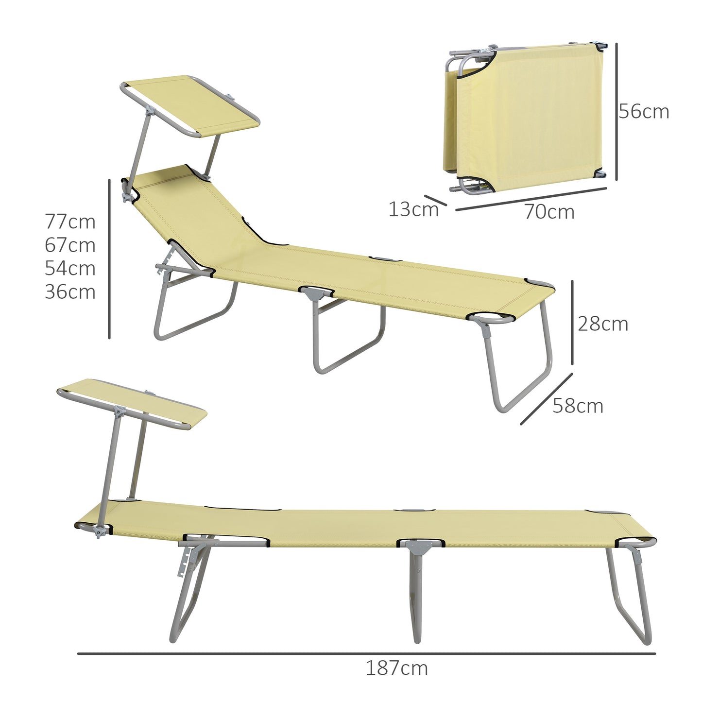 Outsunny Adjustable Outdoor Sun Lounger Set of 2 with Canopy, Beige Reclining Chairs - ALL4U RETAILER LTD