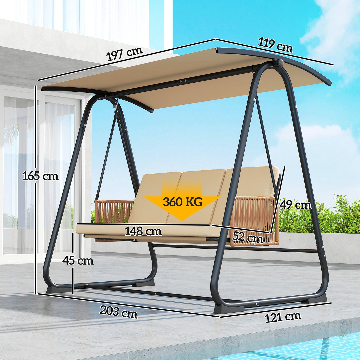 Outsunny 3 Seater Swing Chair With Adjustable Canopy Garden Swing Seat Outdoor Hammock Bench Cushions Sand Brown
