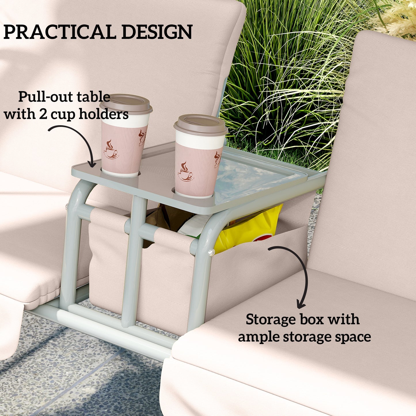 Outsunny 2 Seater Garden Swing Chair Patio Rocking Bench Tilting Canopy Double Padded Seats Storage Bag Tray Beige