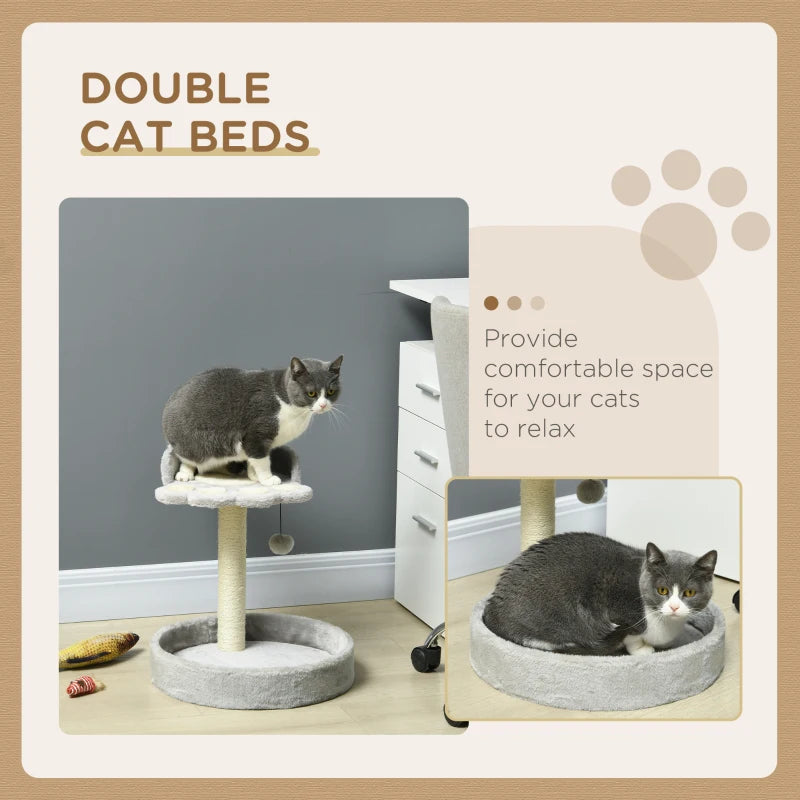 PawHut 44cm Light Grey Cat Tower, Indoor Cat Tree with Sisal Scratching Post and Toy Ball - ALL4U RETAILER LTD