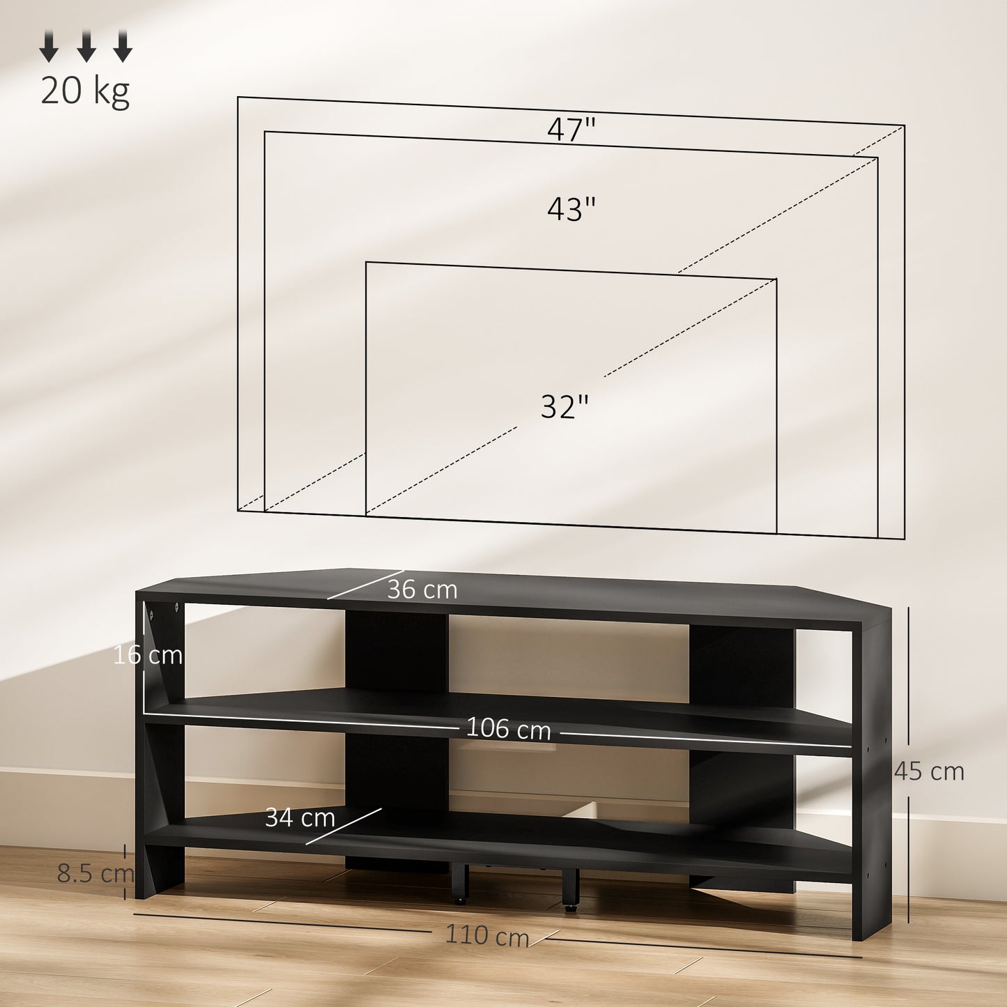 HOMCOM Corner TV Stand For 47 Inch TVs With Two Open Shelves Black Finish For Living Room