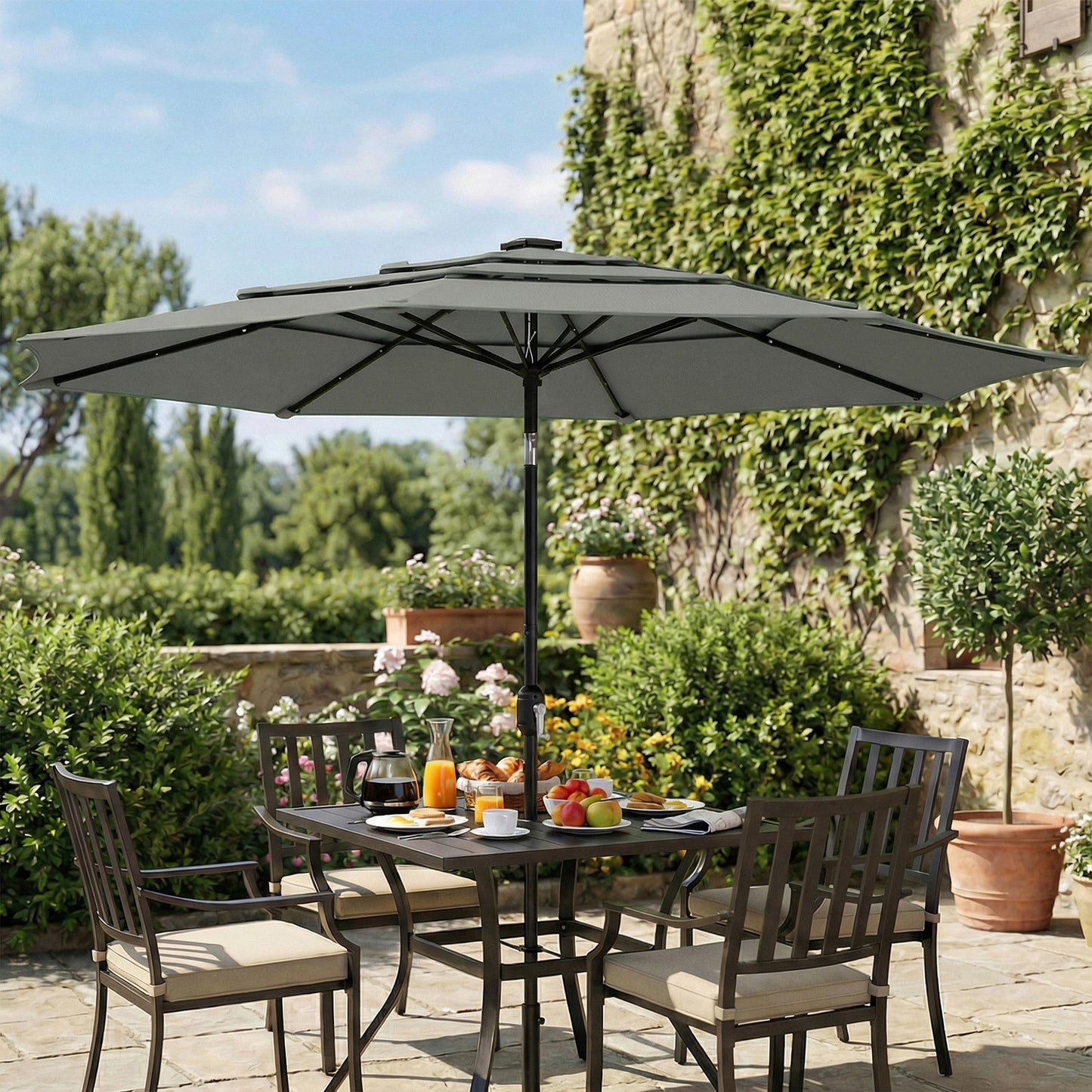 Outsunny Garden Parasol 3 Tier Roof Tilt Function Crank Handle Grey Polyester Canopy