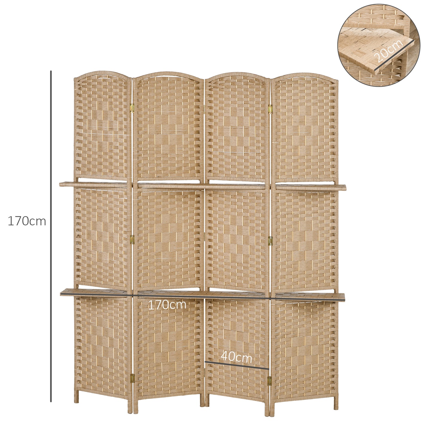 HOMCOM Four Panel Room Divider Screen 160 X 170 cm Foldable Pine Wood With Two Shelves