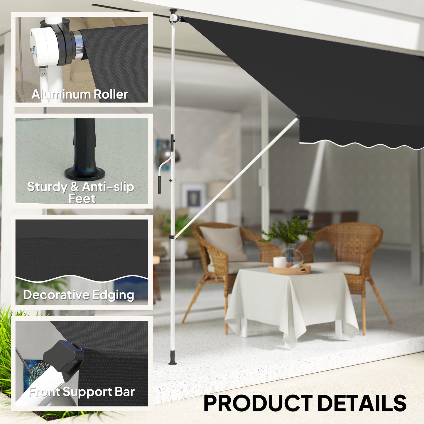 Outsunny 3x1.5m Adjustable Retractable Outdoor Aluminium Frame Awning Black Weather Resistant Manual Crank