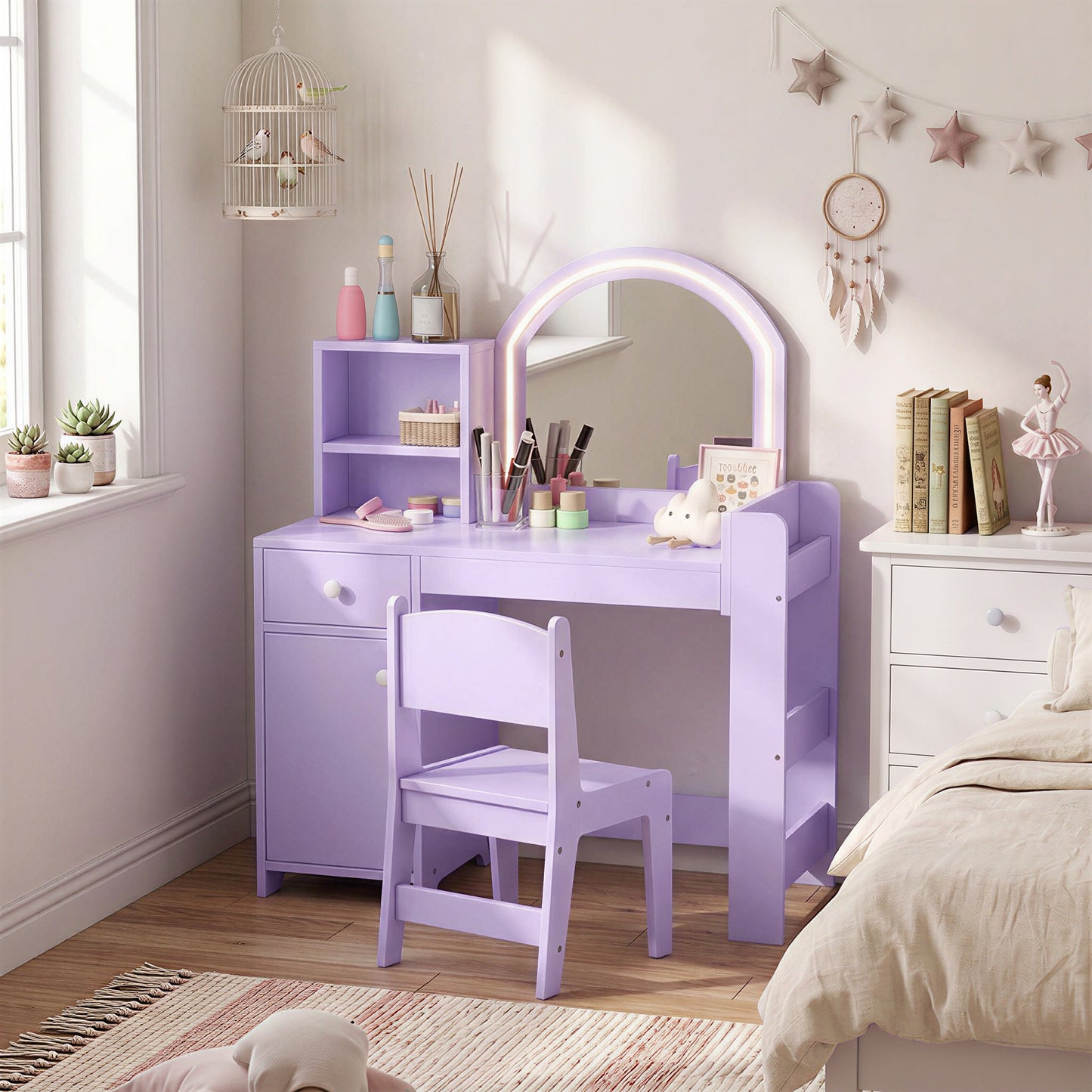 Kids Vanity Table Chair Set Led Mirror Storage Cabinet Purple